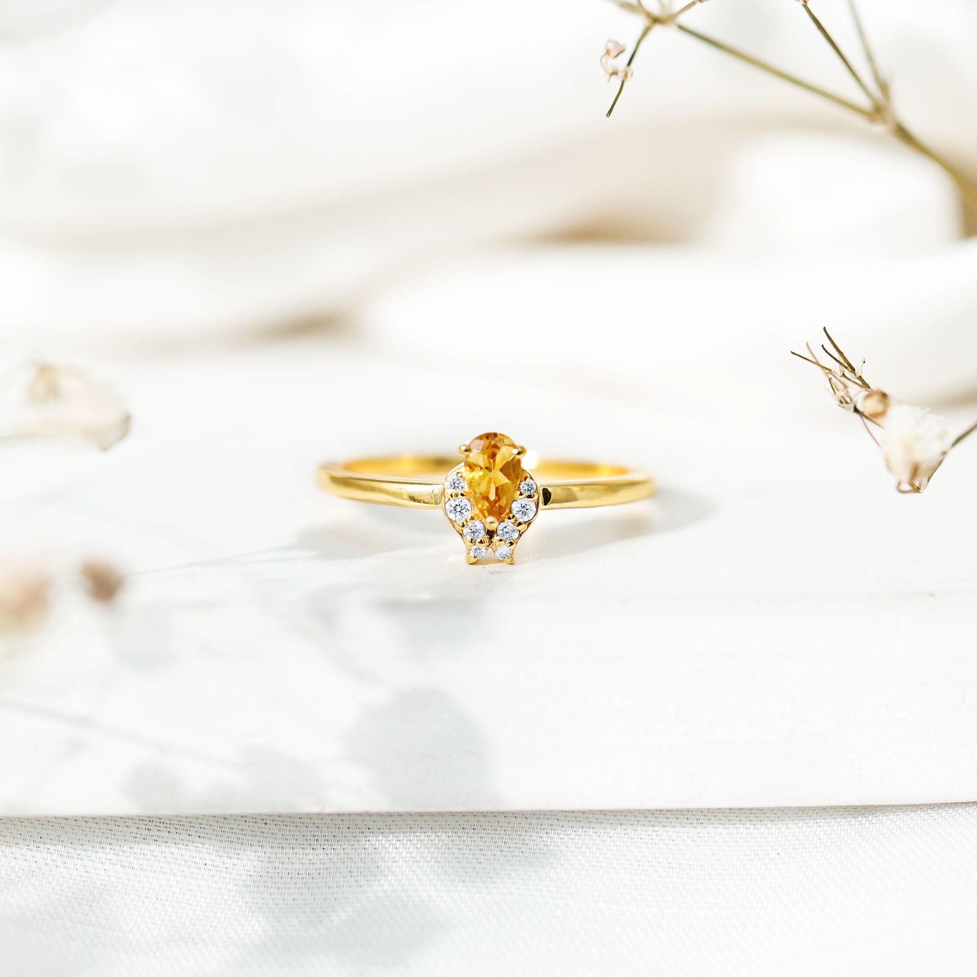 Minimalist Citrine and Diamond Promise Ring for Her in Silver AAA 14K Yellow Gold Plated Silver - Rosec Jewels