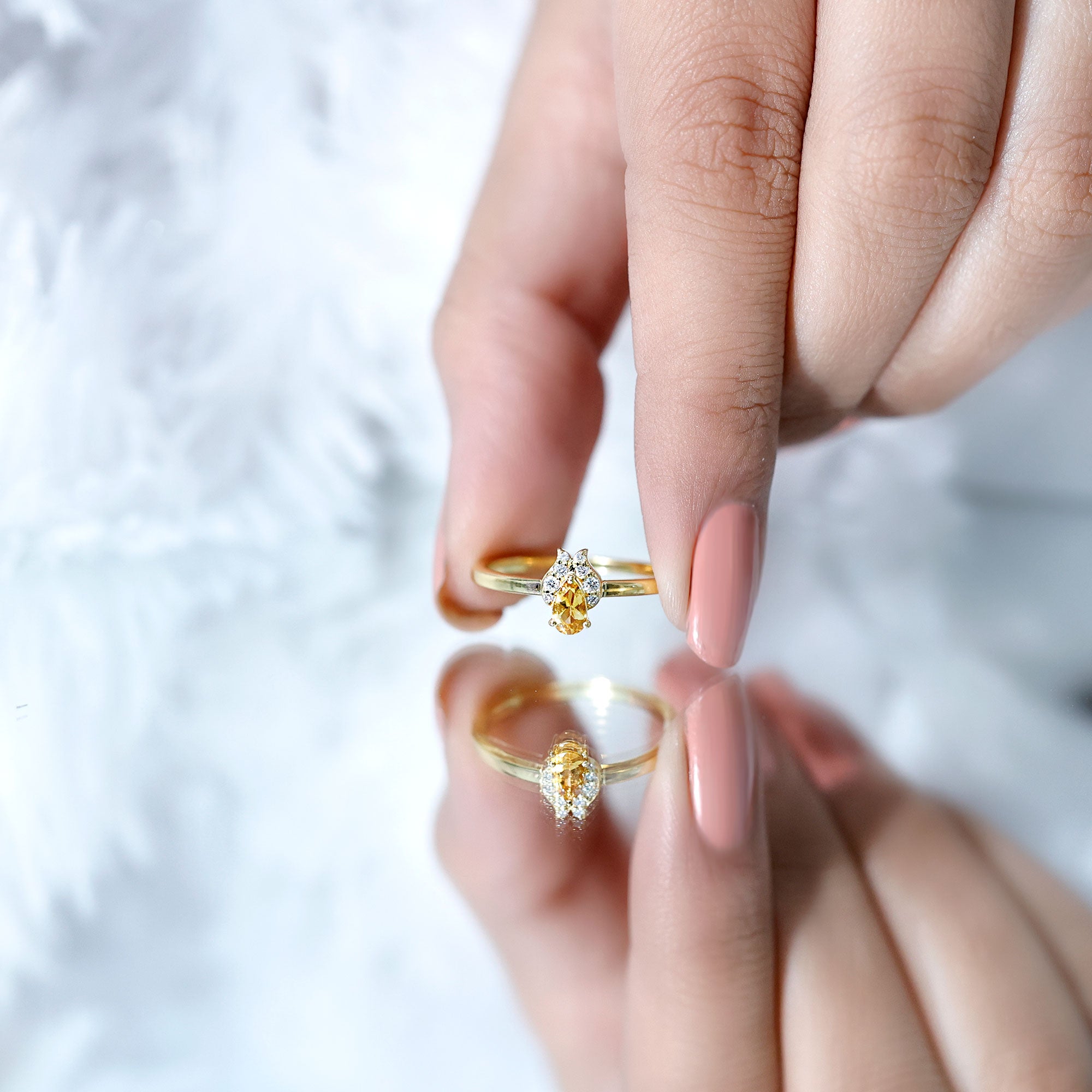 Minimalist Citrine and Diamond Promise Ring for Her in Silver AAA 14K Yellow Gold Plated Silver - Rosec Jewels
