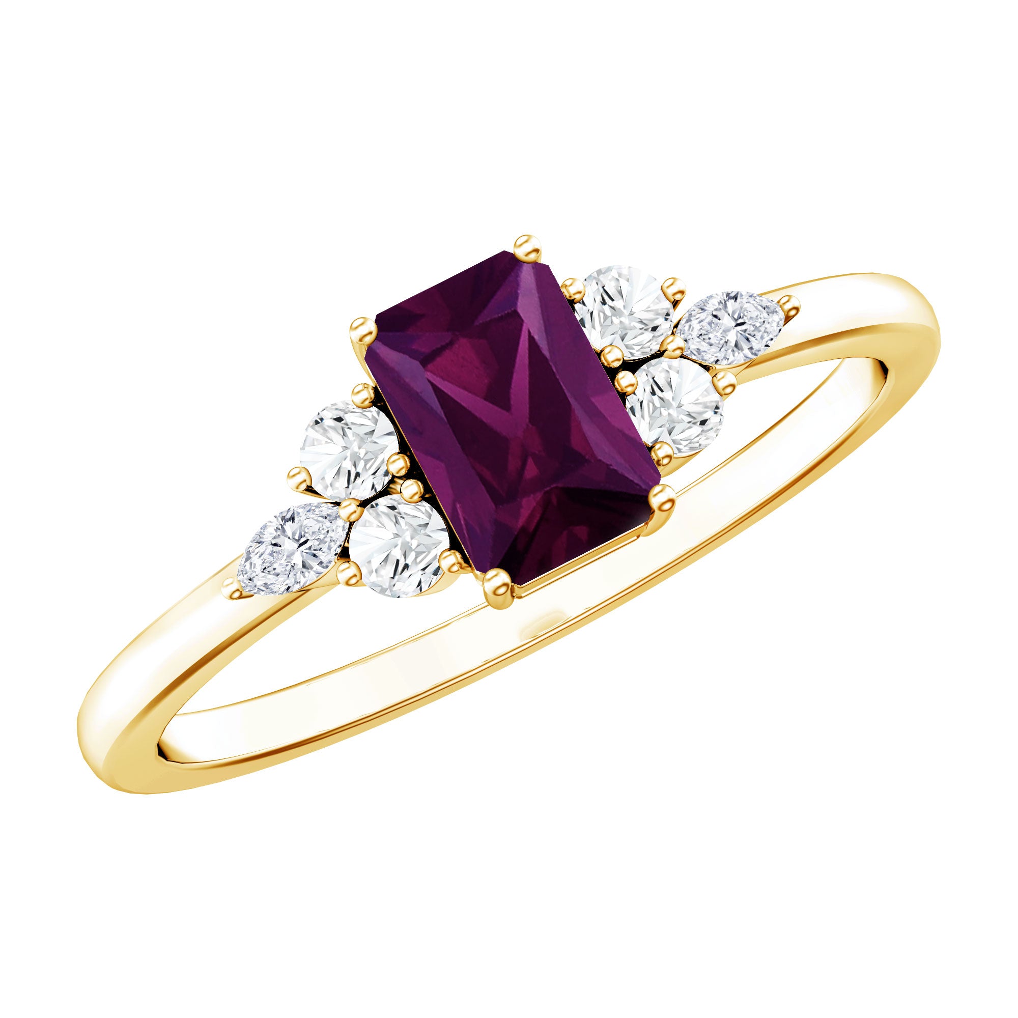 Certified Rhodolite Emerald Cut Engagement Ring with Diamond Trio AAA 14K Yellow Gold Plated Silver - Rosec Jewels