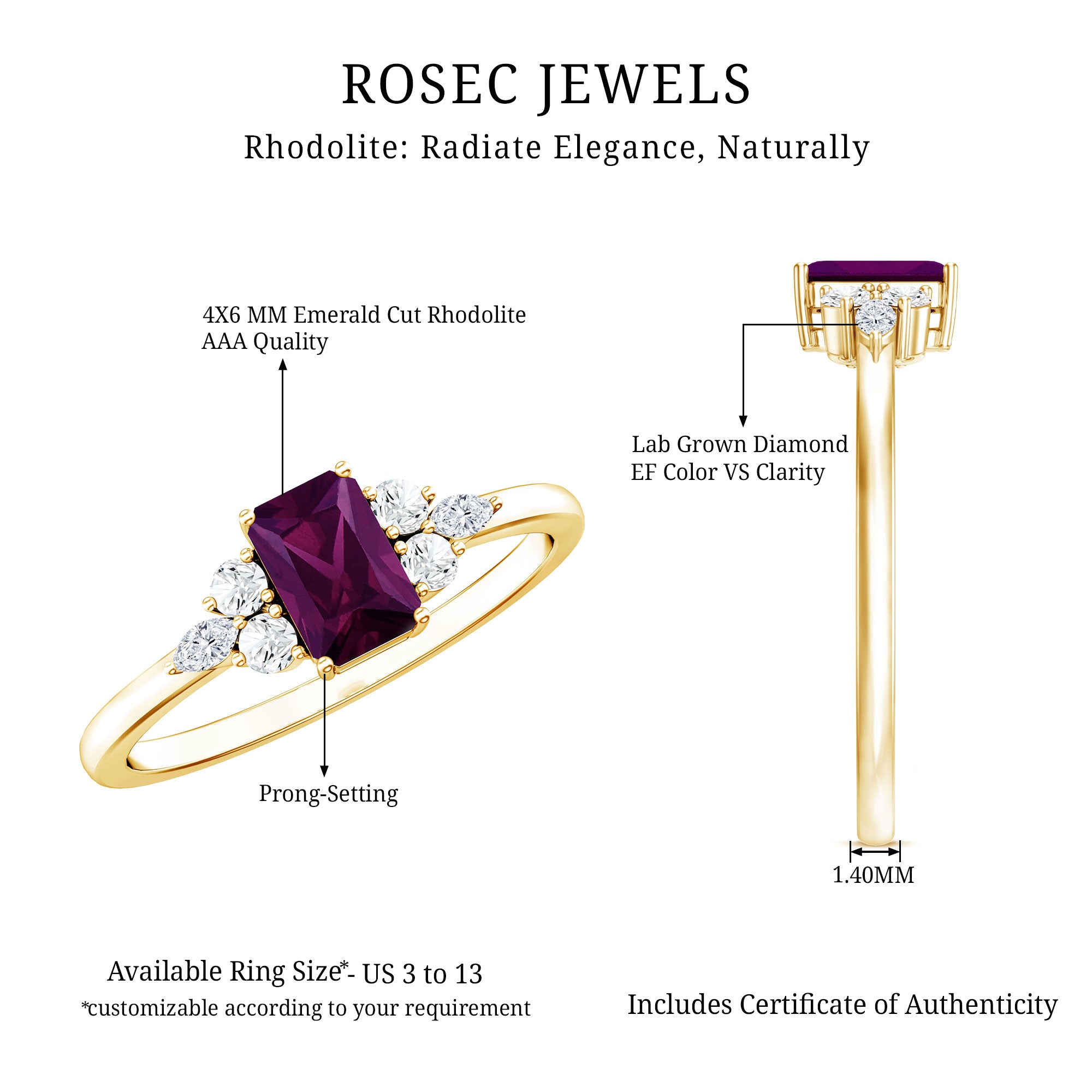 Certified Rhodolite Emerald Cut Engagement Ring with Diamond Trio AAA 14K Yellow Gold Plated Silver - Rosec Jewels