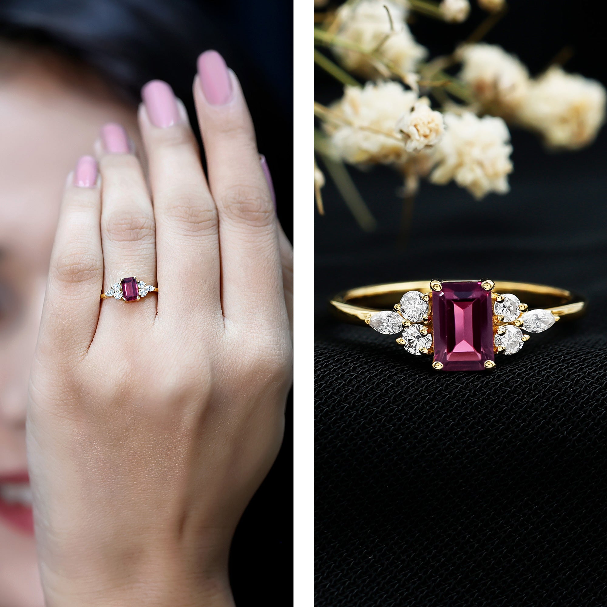 Certified Rhodolite Emerald Cut Engagement Ring with Diamond Trio AAA 14K Yellow Gold Plated Silver - Rosec Jewels