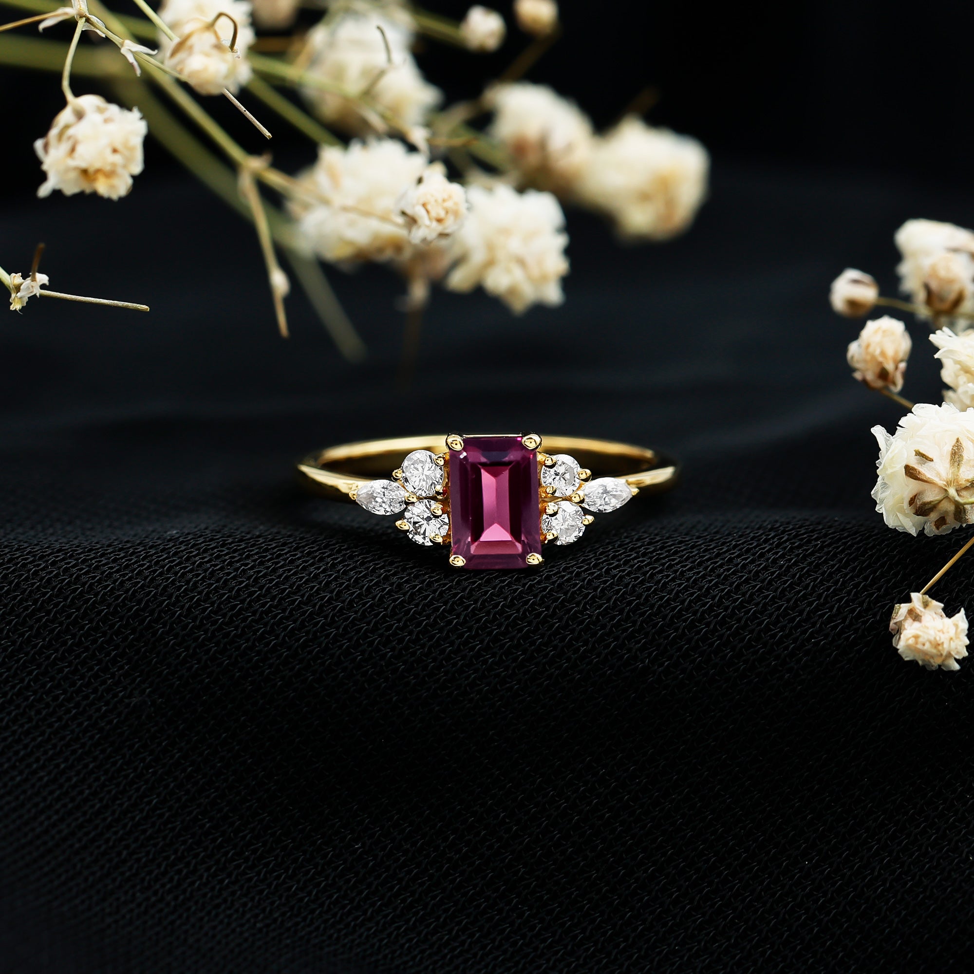 Certified Rhodolite Emerald Cut Engagement Ring with Diamond Trio AAA 14K Yellow Gold Plated Silver - Rosec Jewels