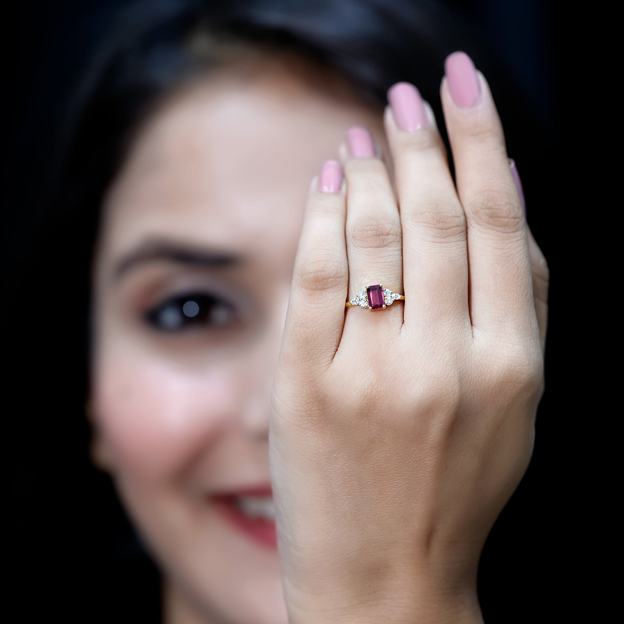 Certified Rhodolite Emerald Cut Engagement Ring with Diamond Trio AAA 14K Yellow Gold Plated Silver - Rosec Jewels