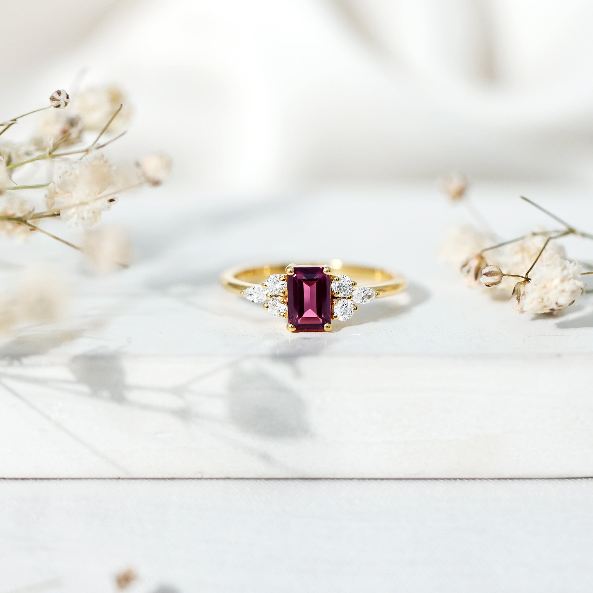 Certified Rhodolite Emerald Cut Engagement Ring with Diamond Trio AAA 14K Yellow Gold Plated Silver - Rosec Jewels
