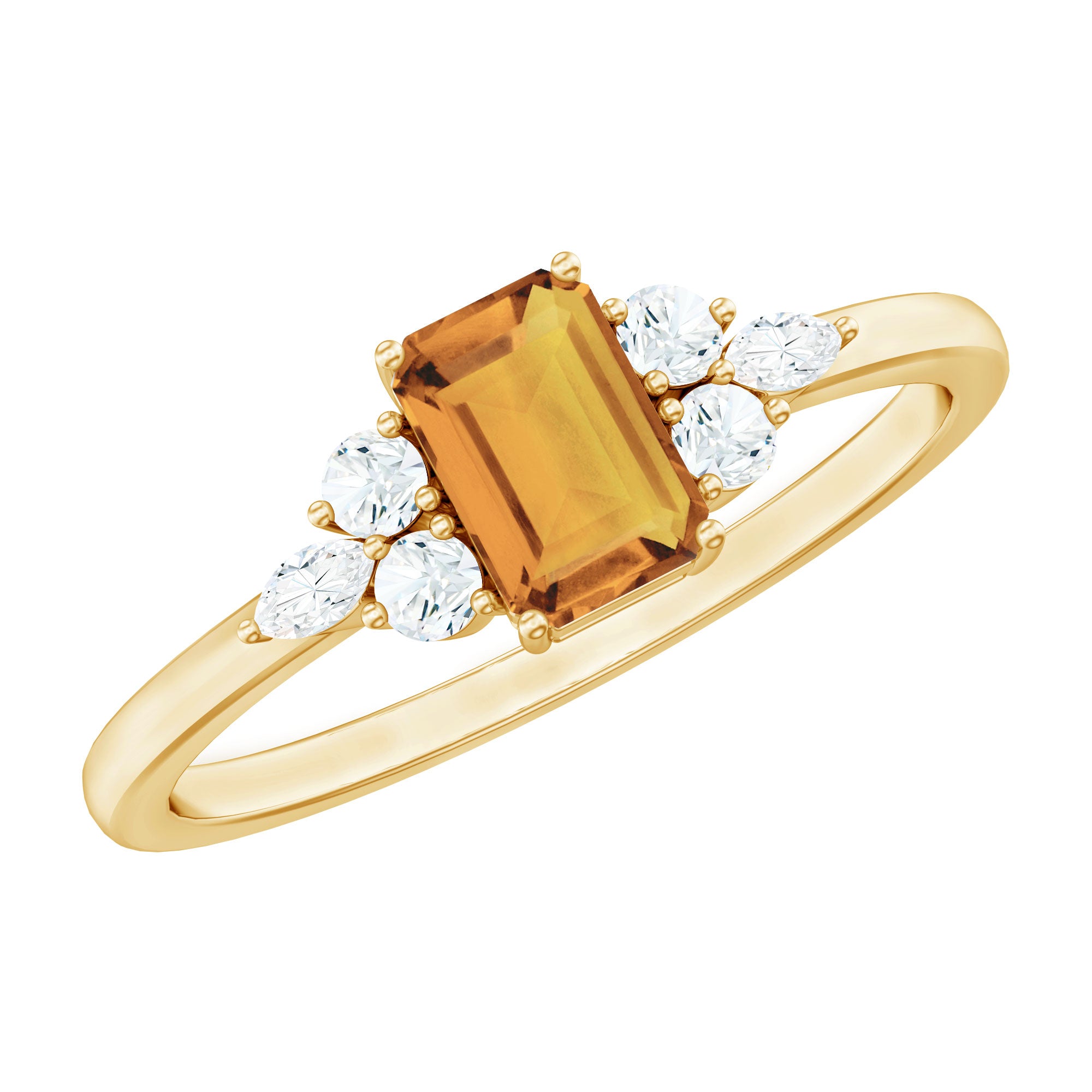 Emerald Cut Citrine Engagement Ring with Diamond Trio in Silver