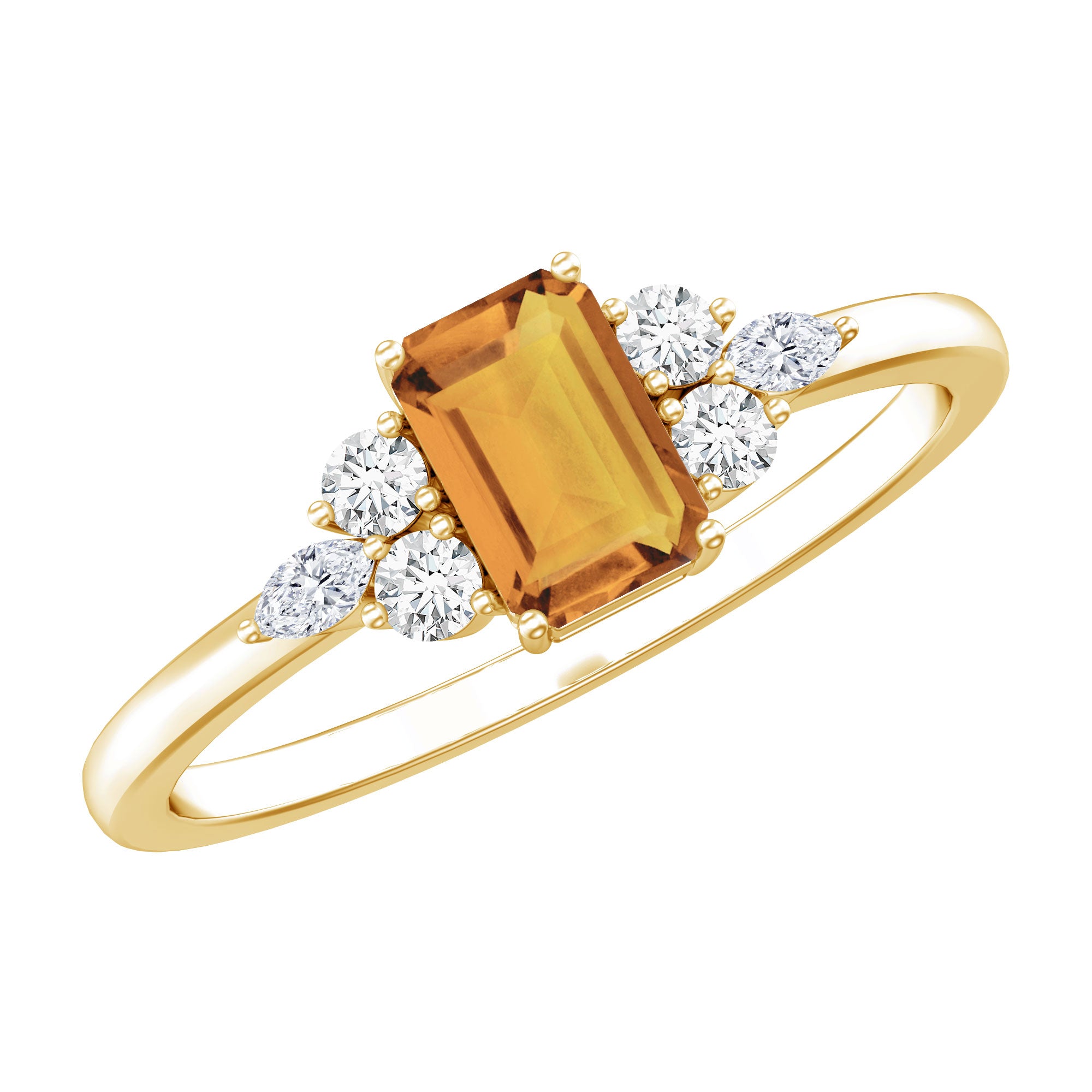 Natural 0.6 Carat Citrine Emerald Cut Engagement Ring with Diamond Trio AAA 14K Yellow Gold Plated Silver - Rosec Jewels