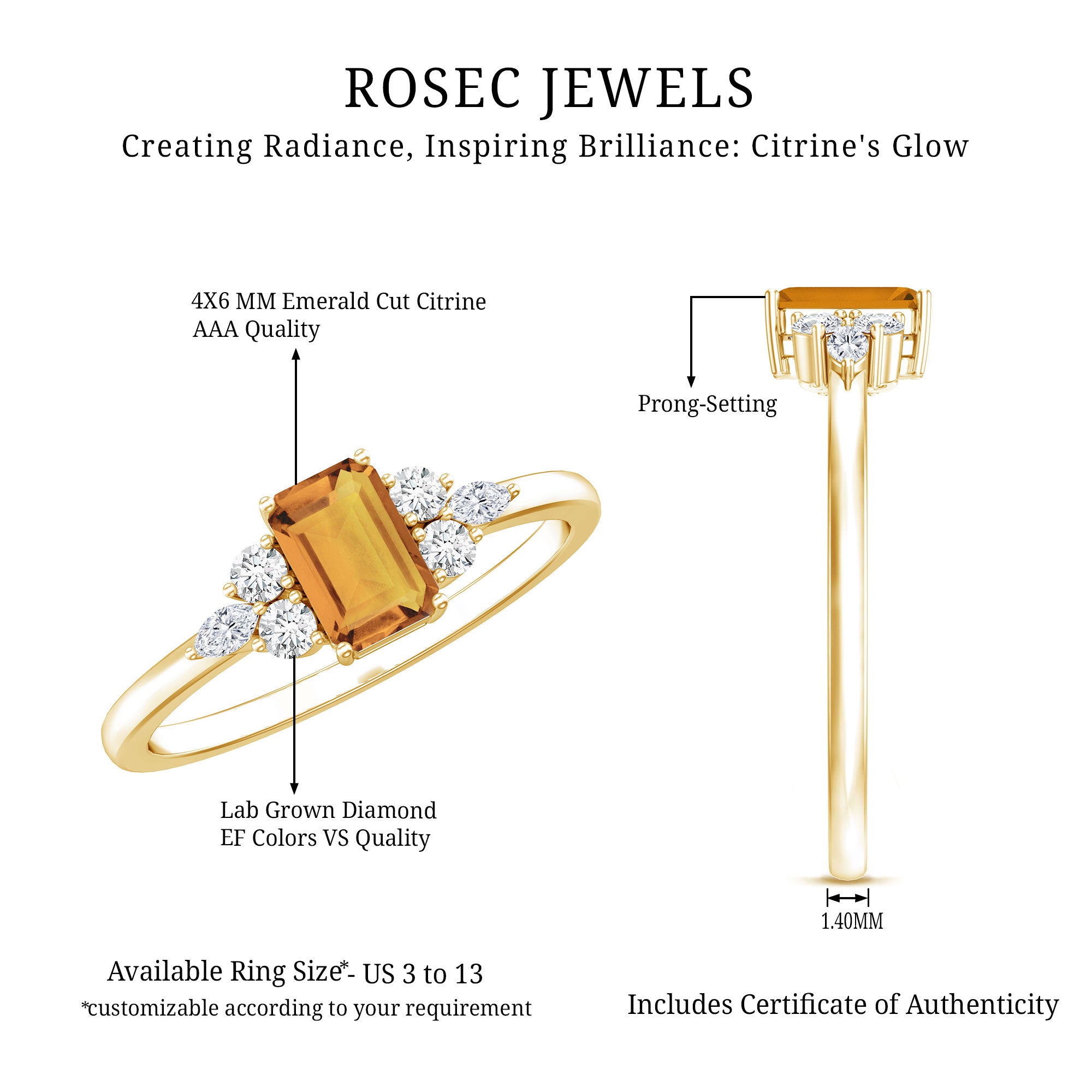 Natural 0.6 Carat Citrine Emerald Cut Engagement Ring with Diamond Trio AAA 14K Yellow Gold Plated Silver - Rosec Jewels