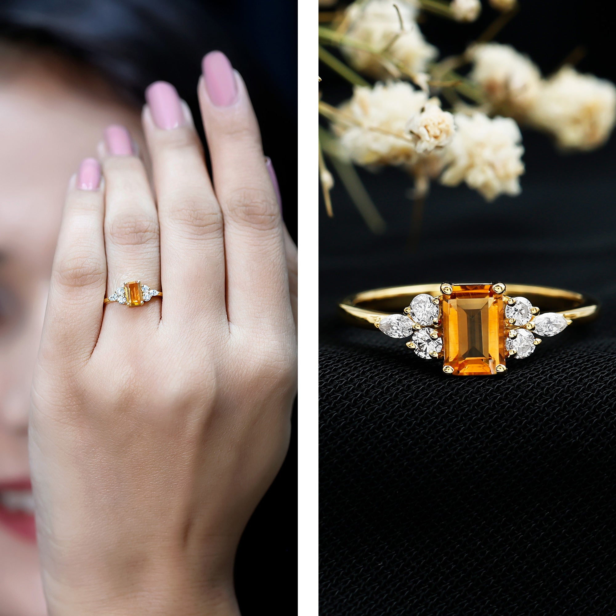 Natural 0.6 Carat Citrine Emerald Cut Engagement Ring with Diamond Trio AAA 14K Yellow Gold Plated Silver - Rosec Jewels