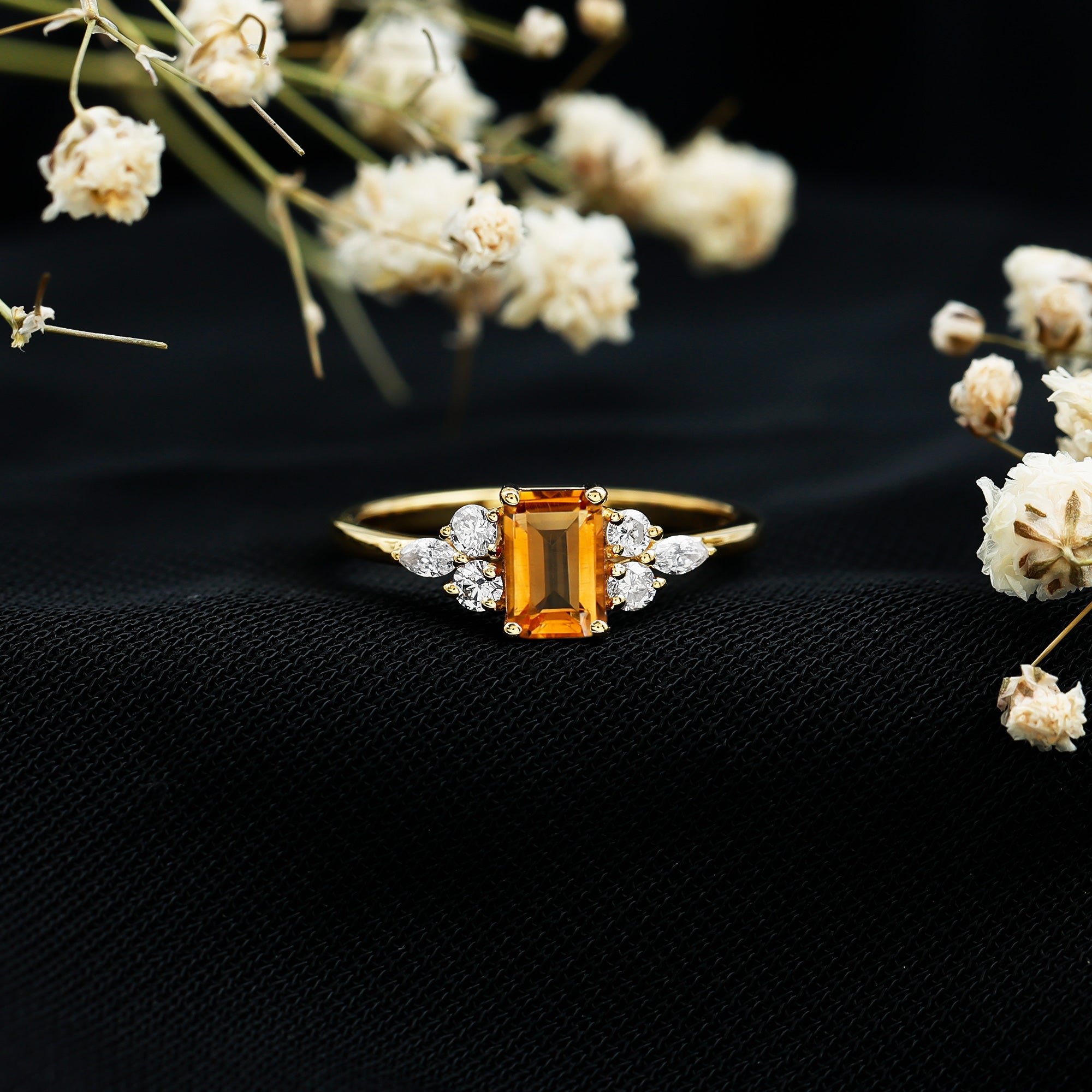 Natural 0.6 Carat Citrine Emerald Cut Engagement Ring with Diamond Trio AAA 14K Yellow Gold Plated Silver - Rosec Jewels
