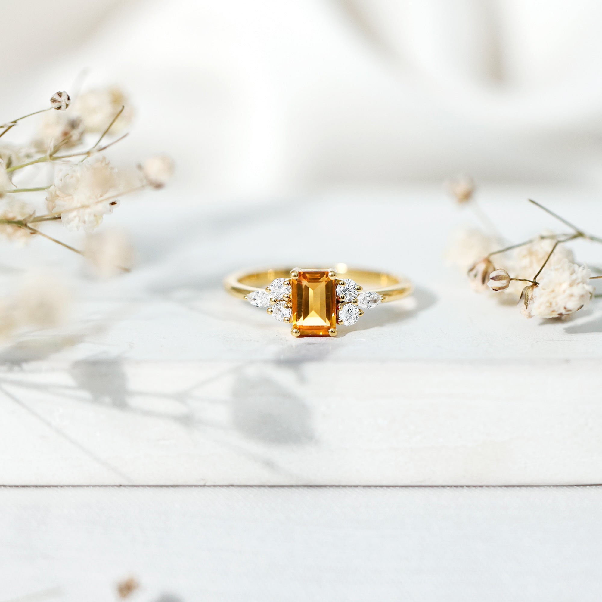Natural 0.6 Carat Citrine Emerald Cut Engagement Ring with Diamond Trio AAA 14K Yellow Gold Plated Silver - Rosec Jewels