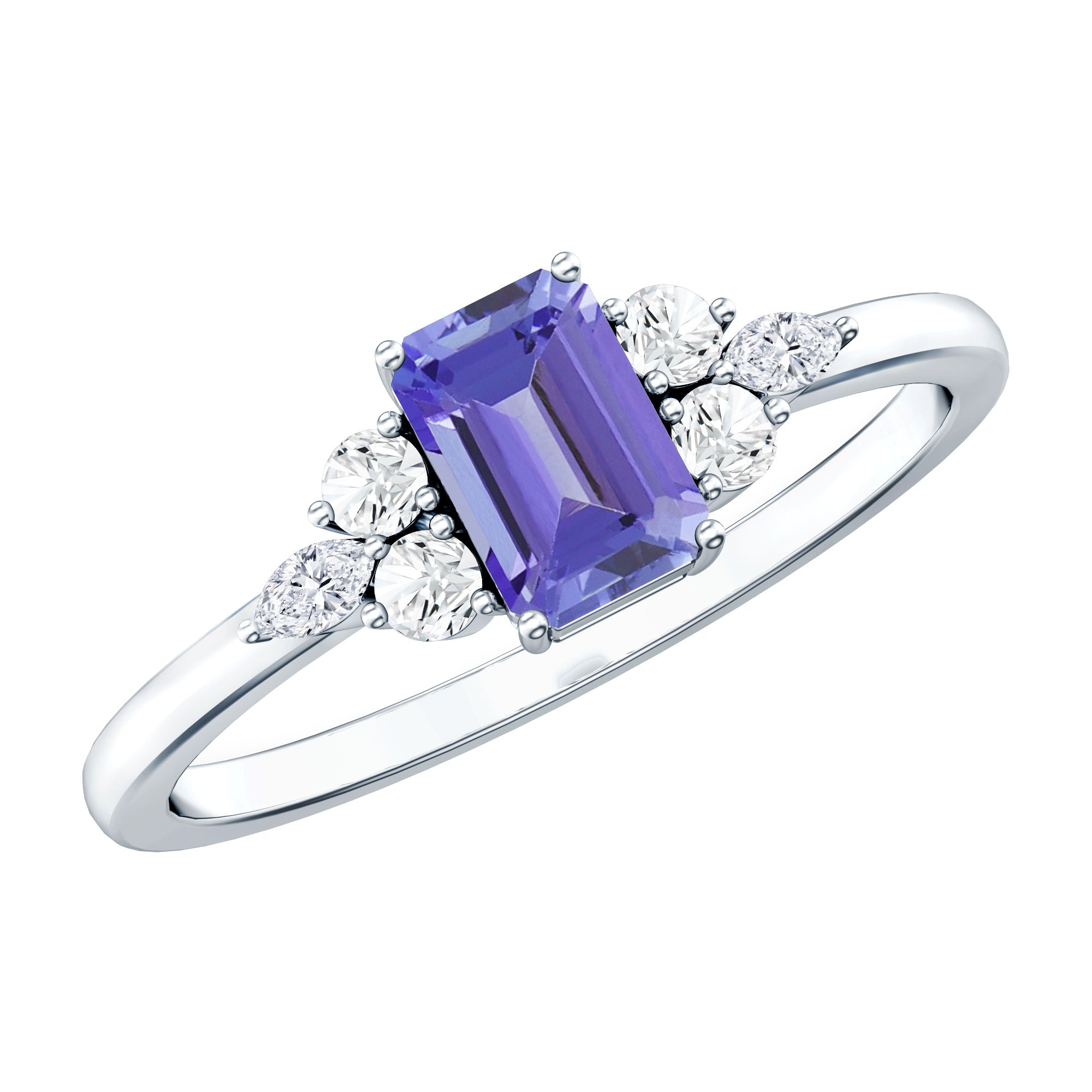 Genuine Tanzanite and Diamond Emerald Cut Engagement Ring in Silver AAA 92.5 Sterling Silver - Rosec Jewels