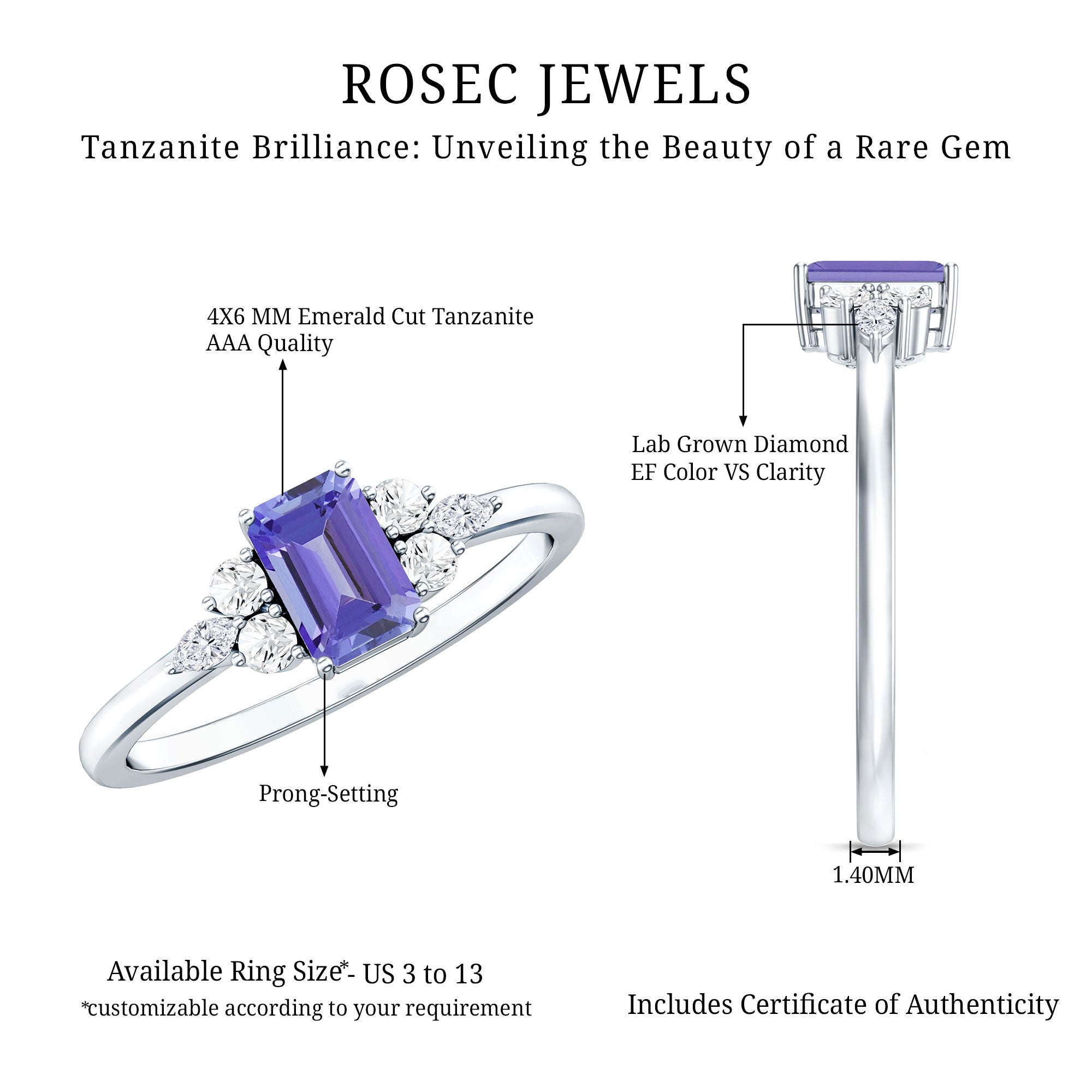 Genuine Tanzanite and Diamond Emerald Cut Engagement Ring in Silver AAA 92.5 Sterling Silver - Rosec Jewels