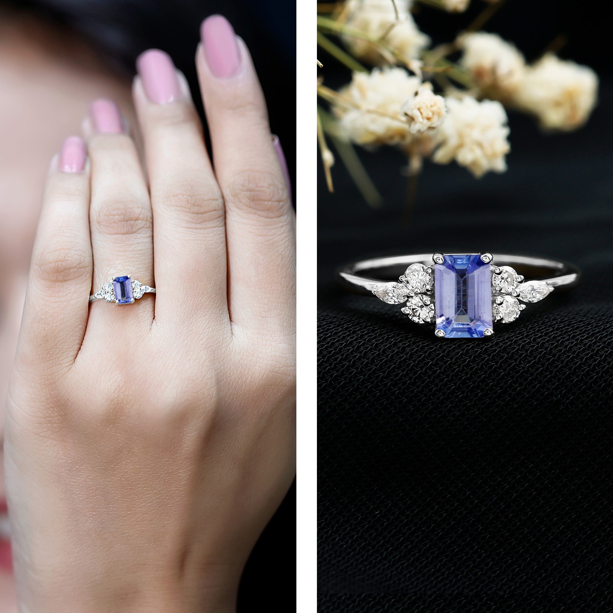 Genuine Tanzanite and Diamond Emerald Cut Engagement Ring in Silver AAA 92.5 Sterling Silver - Rosec Jewels
