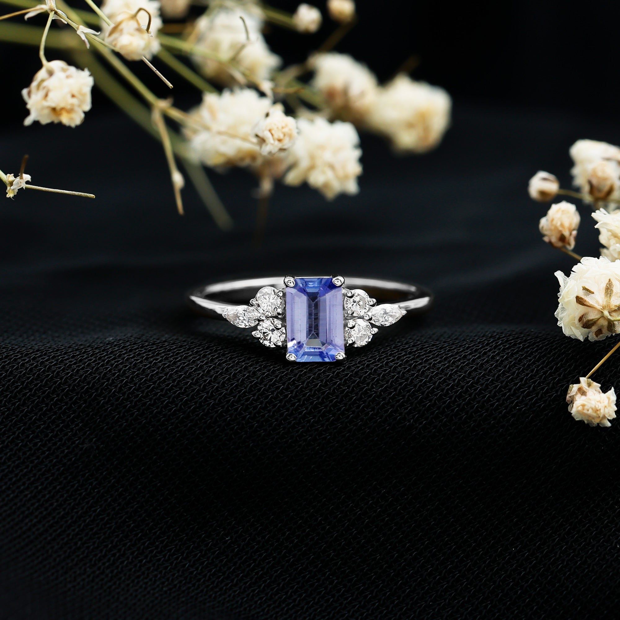 Genuine Tanzanite and Diamond Emerald Cut Engagement Ring in Silver AAA 92.5 Sterling Silver - Rosec Jewels