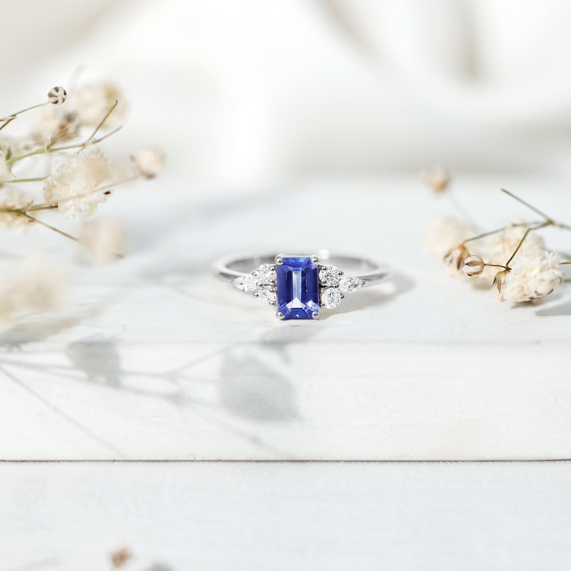 Genuine Tanzanite and Diamond Emerald Cut Engagement Ring in Silver AAA 92.5 Sterling Silver - Rosec Jewels