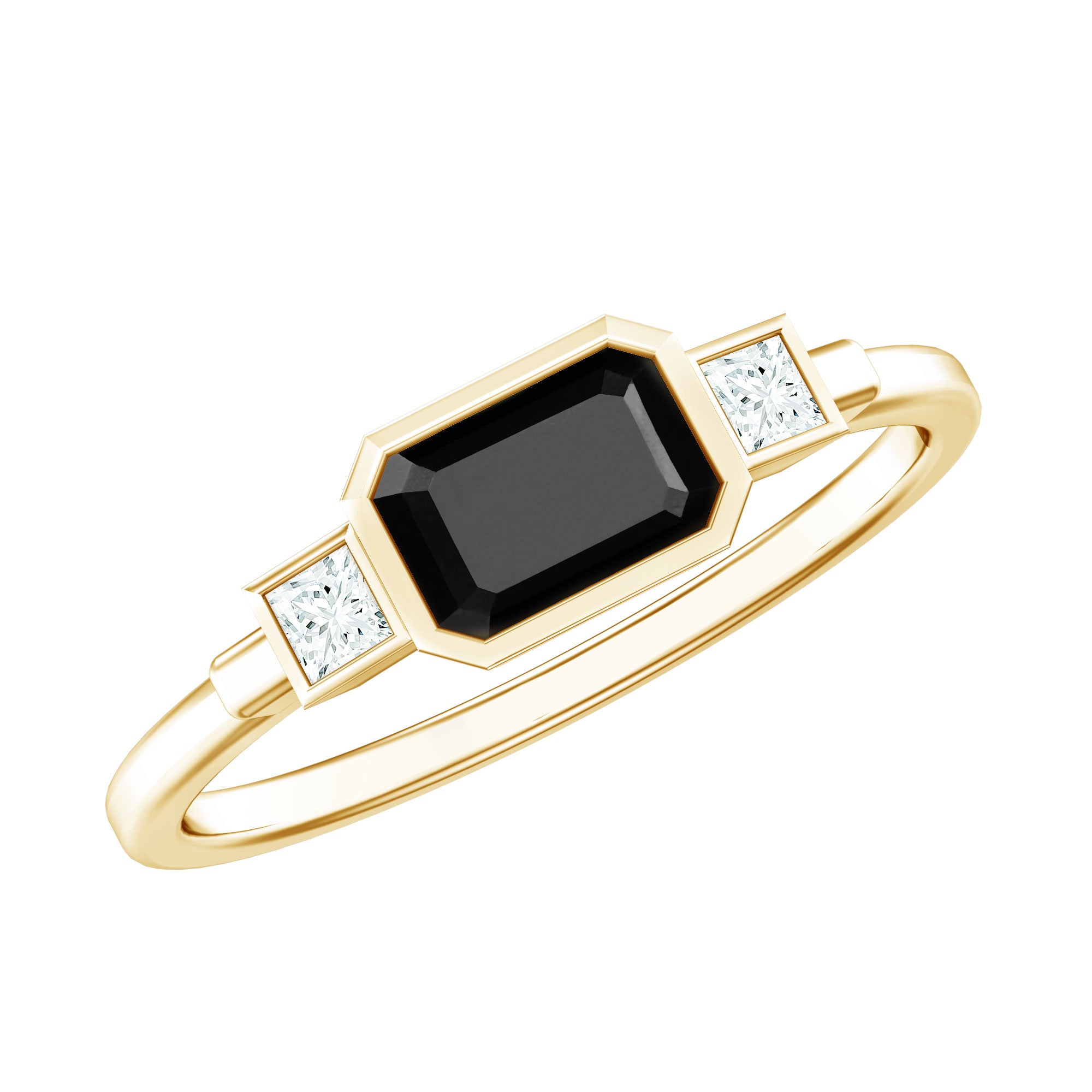 Lab Grown Black Diamond Bezel Set Engagement Ring For Women AAAA ( Synthetic ) 14K Yellow Gold Plated Silver - Rosec Jewels