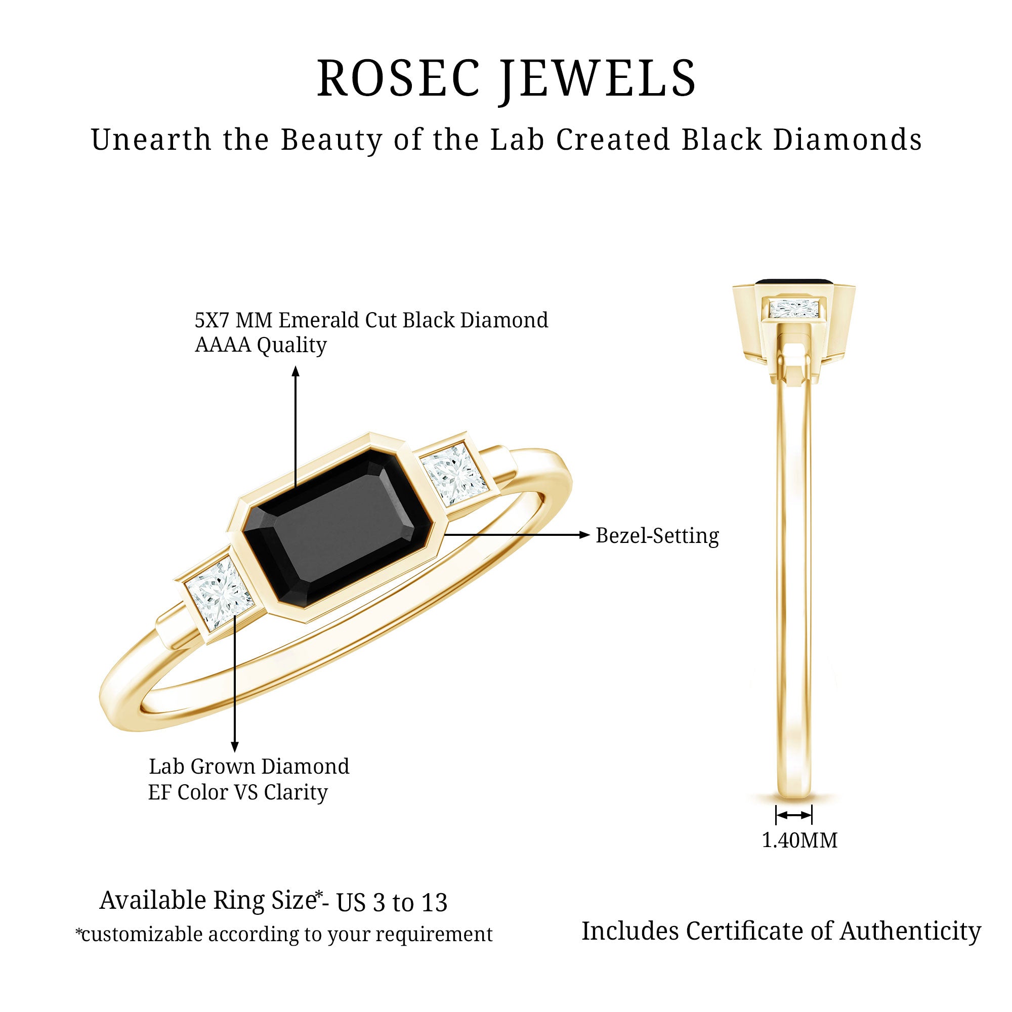 Lab Grown Black Diamond Bezel Set Engagement Ring For Women AAAA ( Synthetic ) 14K Yellow Gold Plated Silver - Rosec Jewels