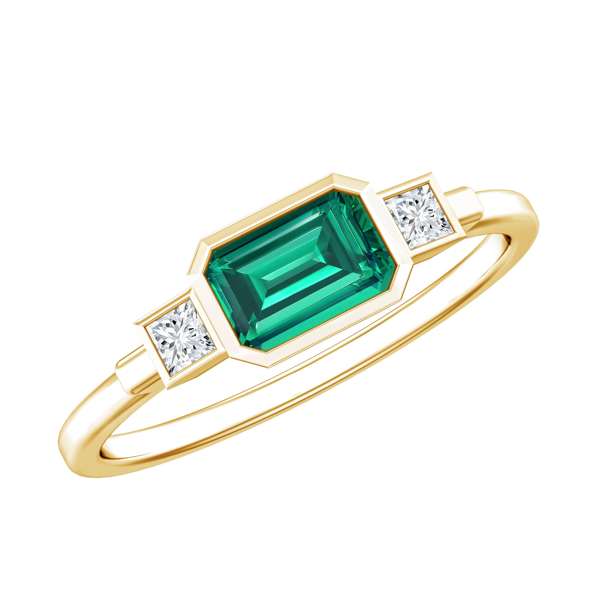 1 Carat Lab Grown Emerald 3 Stone Engagement Ring with Diamond in East West Style AAAA 14K Yellow Gold Plated Silver - Rosec Jewels