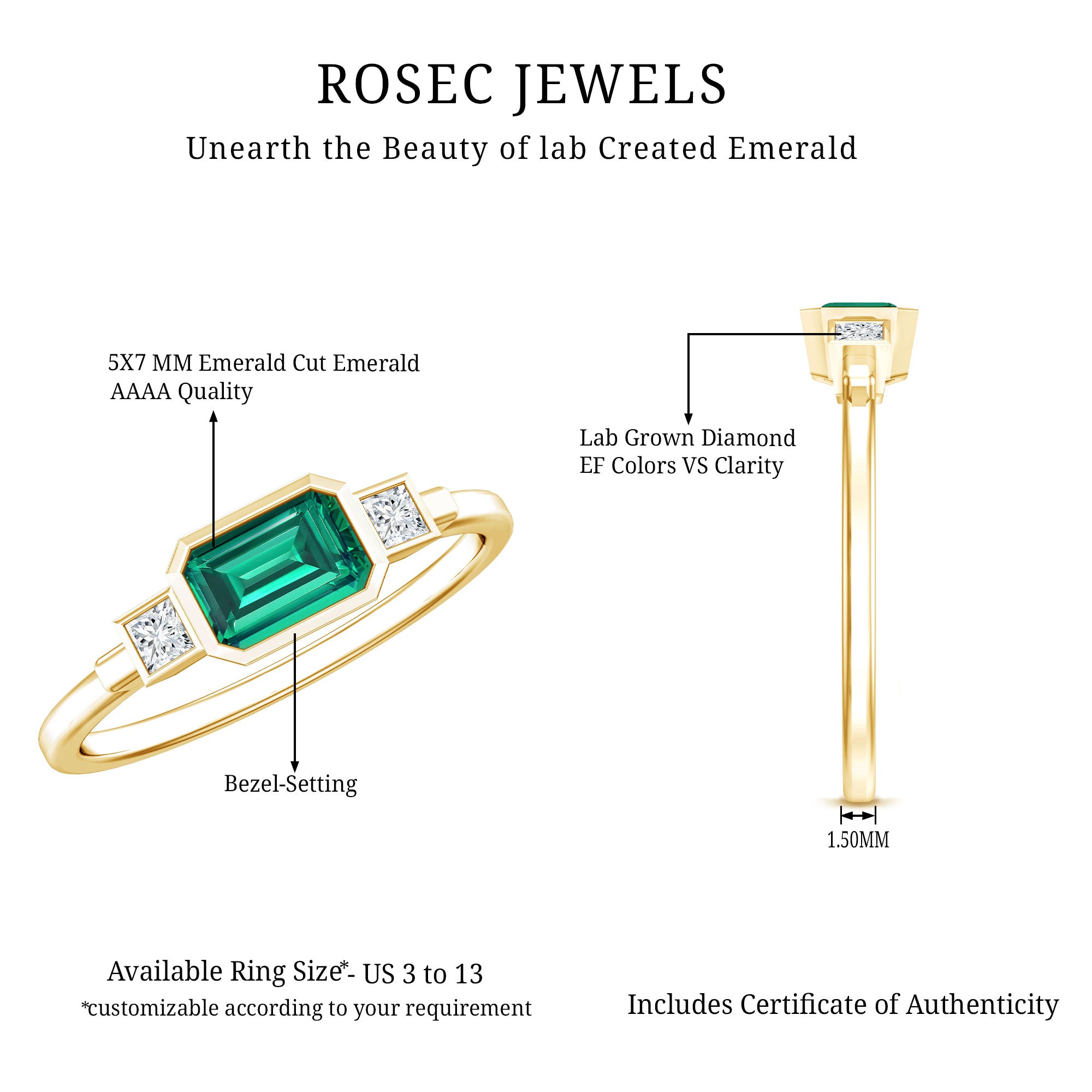 1 Carat Lab Grown Emerald 3 Stone Engagement Ring with Diamond in East West Style AAAA 14K Yellow Gold Plated Silver - Rosec Jewels