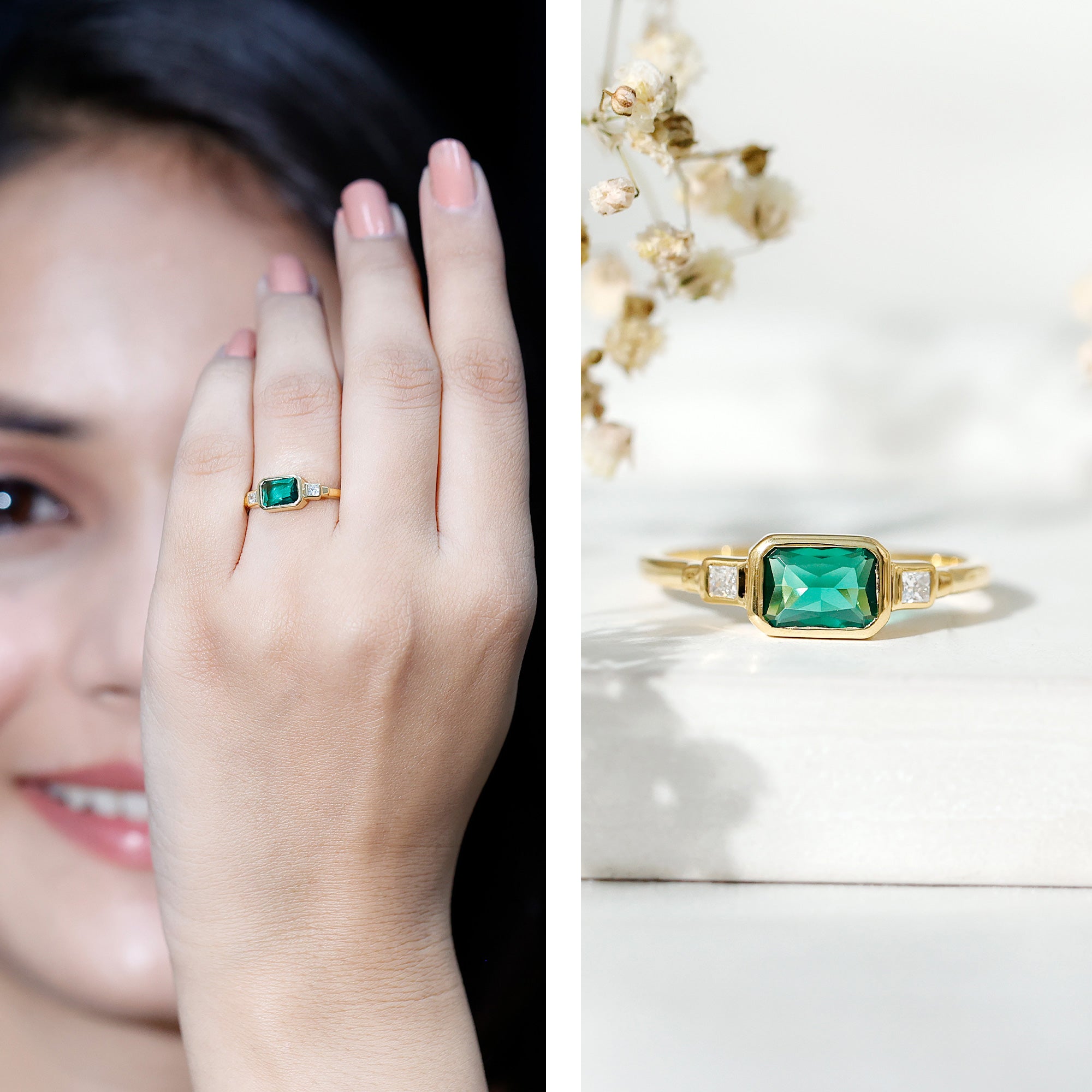 1 Carat Lab Grown Emerald 3 Stone Engagement Ring with Diamond in East West Style AAAA 14K Yellow Gold Plated Silver - Rosec Jewels