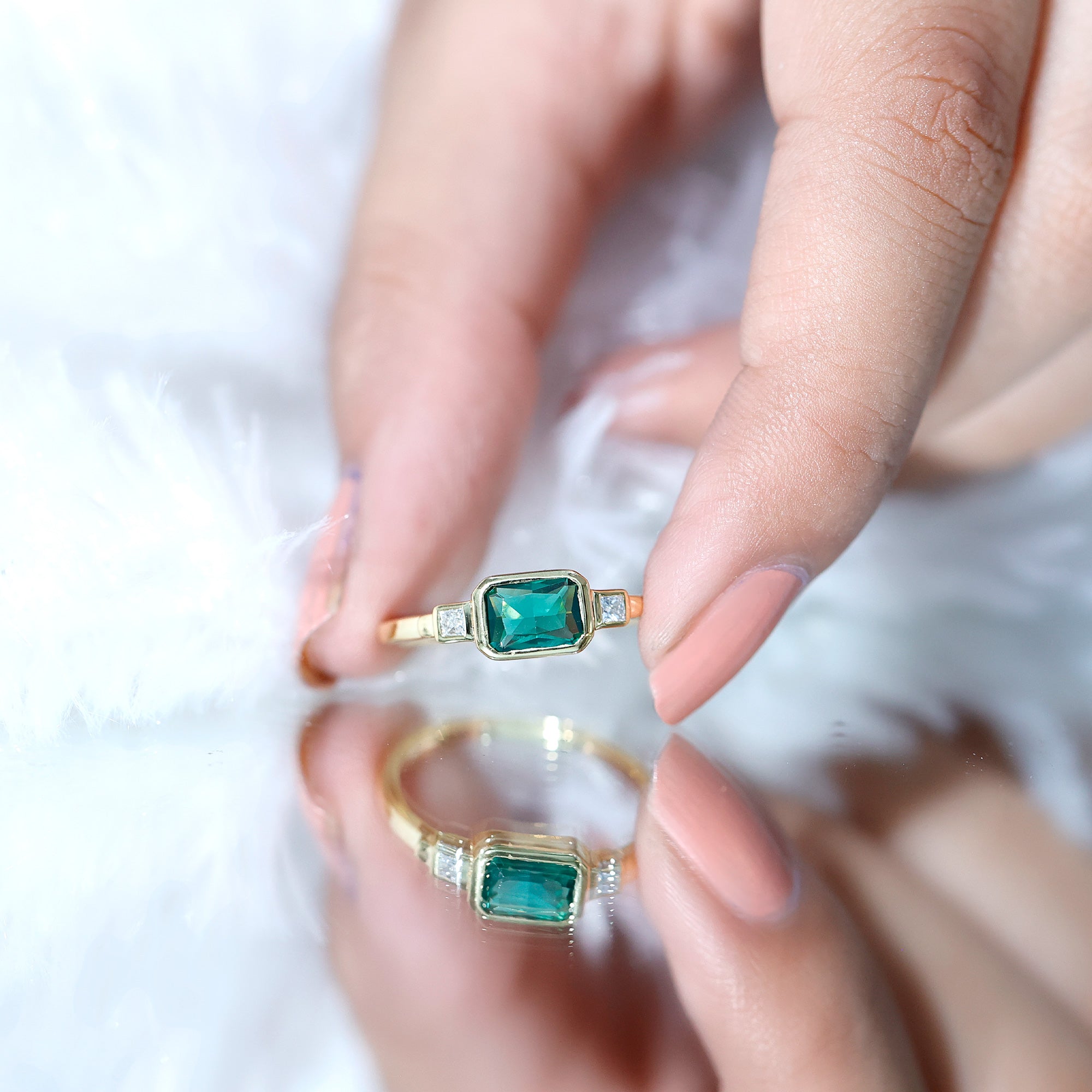 1 Carat Lab Grown Emerald 3 Stone Engagement Ring with Diamond in East West Style AAAA 14K Yellow Gold Plated Silver - Rosec Jewels