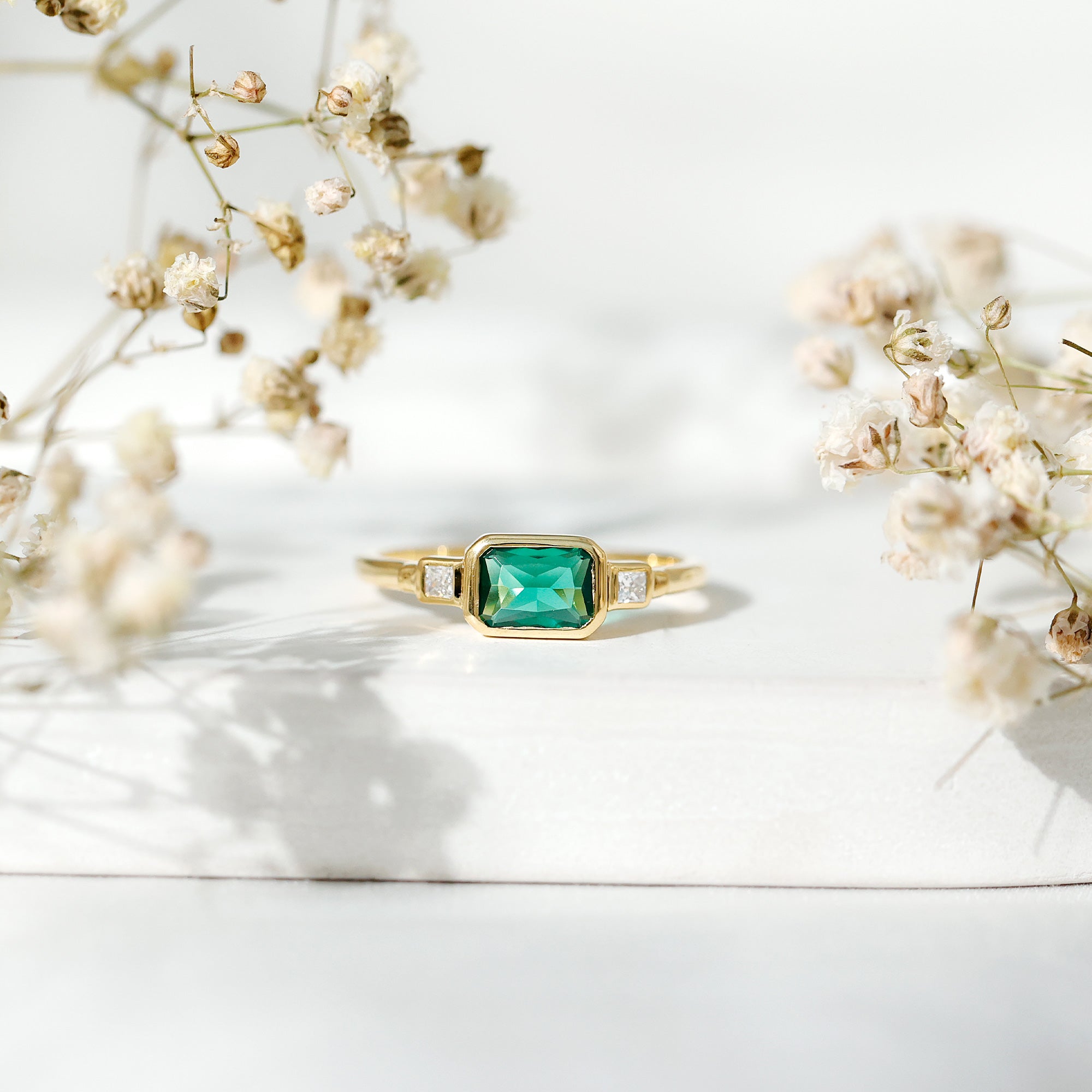 1 Carat Lab Grown Emerald 3 Stone Engagement Ring with Diamond in East West Style AAAA 14K Yellow Gold Plated Silver - Rosec Jewels