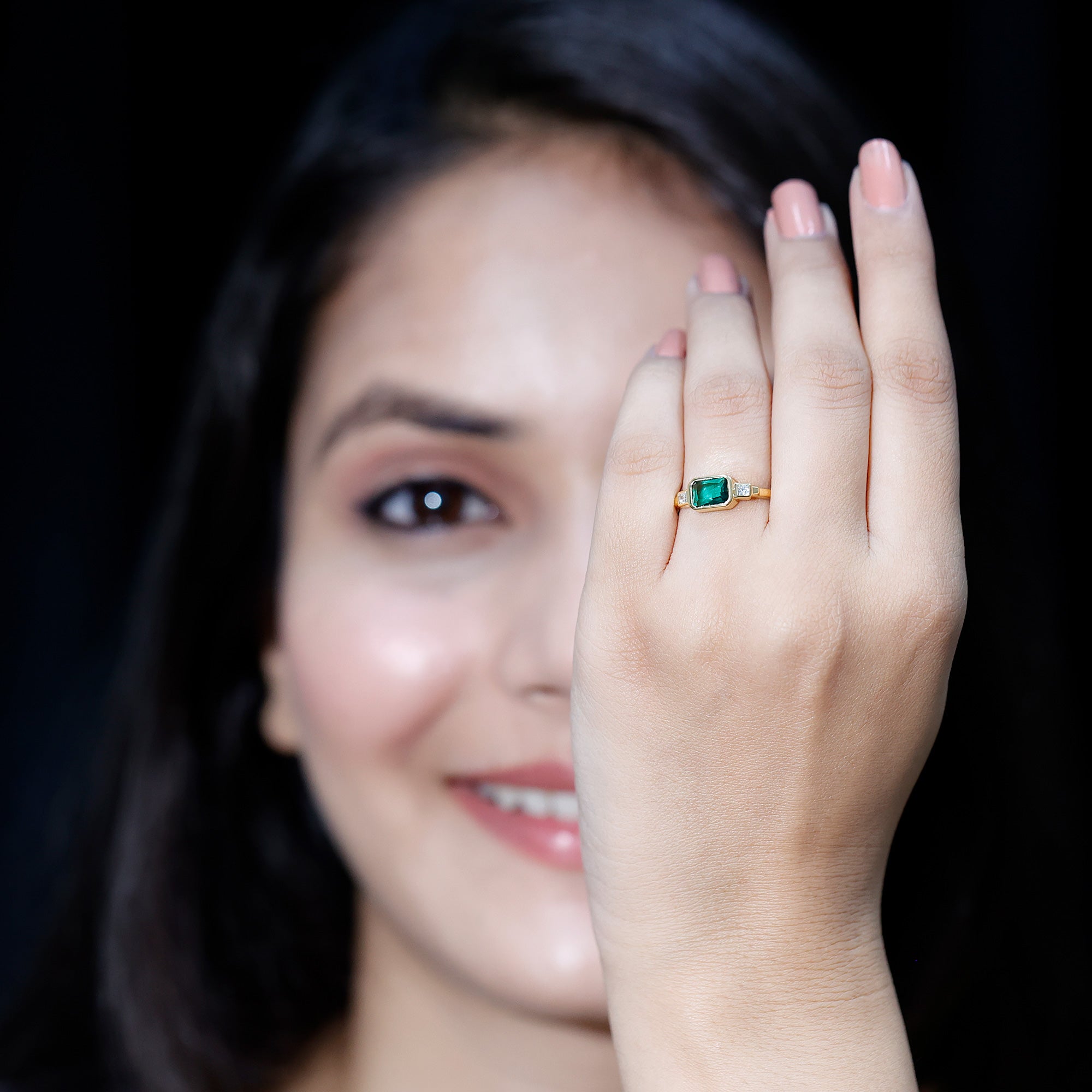 1 Carat Lab Grown Emerald 3 Stone Engagement Ring with Diamond in East West Style AAAA 14K Yellow Gold Plated Silver - Rosec Jewels