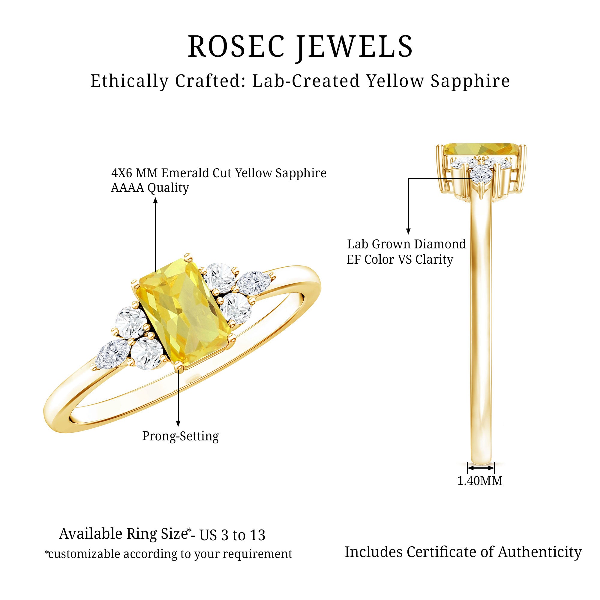 0.75 Carat Emerald Cut Lab Created Yellow Sapphire Promise Engagement Ring AAAA 14K Yellow Gold Plated Silver - Rosec Jewels