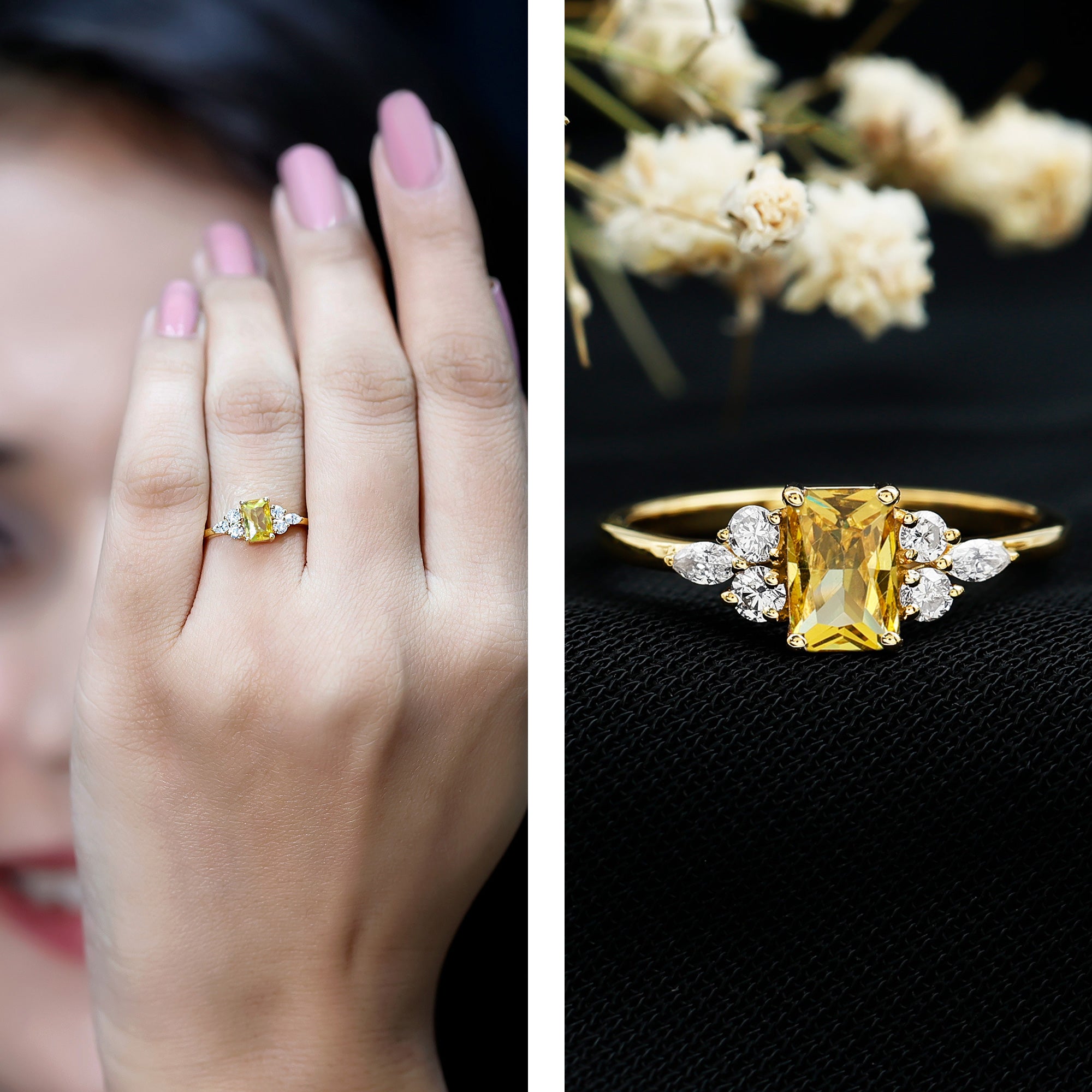 0.75 Carat Emerald Cut Lab Created Yellow Sapphire Promise Engagement Ring AAAA 14K Yellow Gold Plated Silver - Rosec Jewels