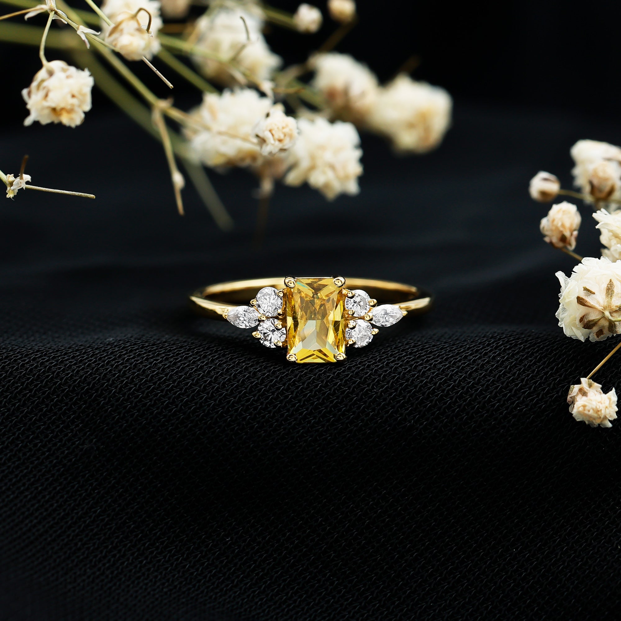0.75 Carat Emerald Cut Lab Created Yellow Sapphire Promise Engagement Ring AAAA 14K Yellow Gold Plated Silver - Rosec Jewels