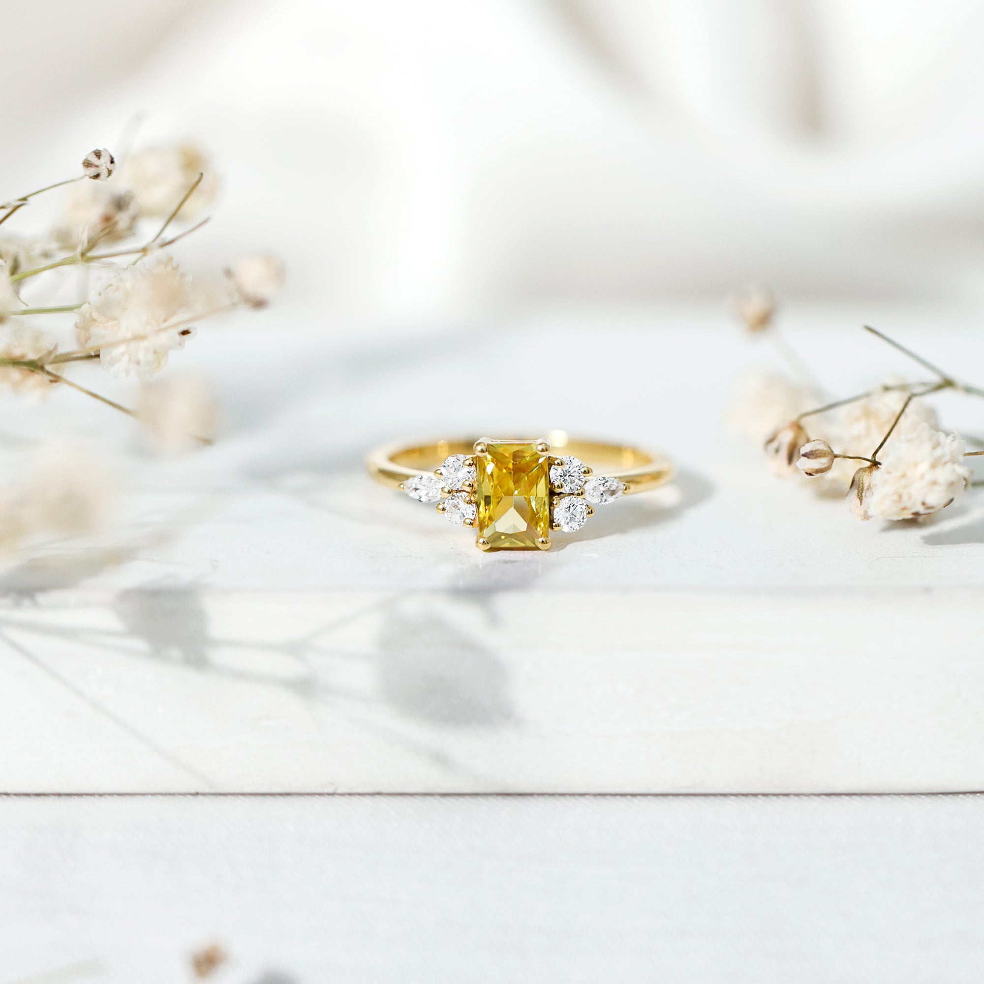 0.75 Carat Emerald Cut Lab Created Yellow Sapphire Promise Engagement Ring AAAA 14K Yellow Gold Plated Silver - Rosec Jewels