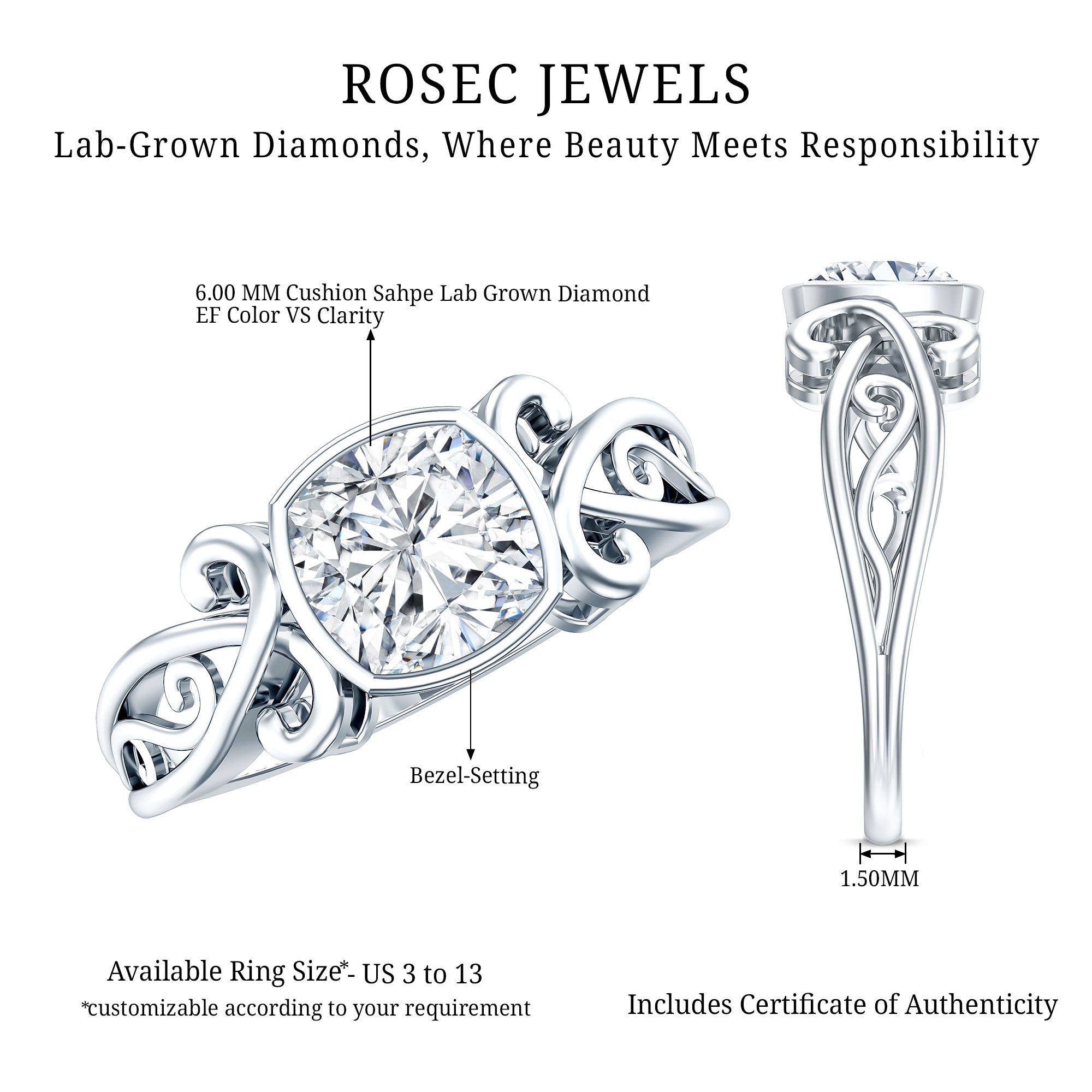 1.7 Carat Lab Grown Diamond Cushion Engagement Ring Lab - ( EF-VS ) - Rosec Jewels