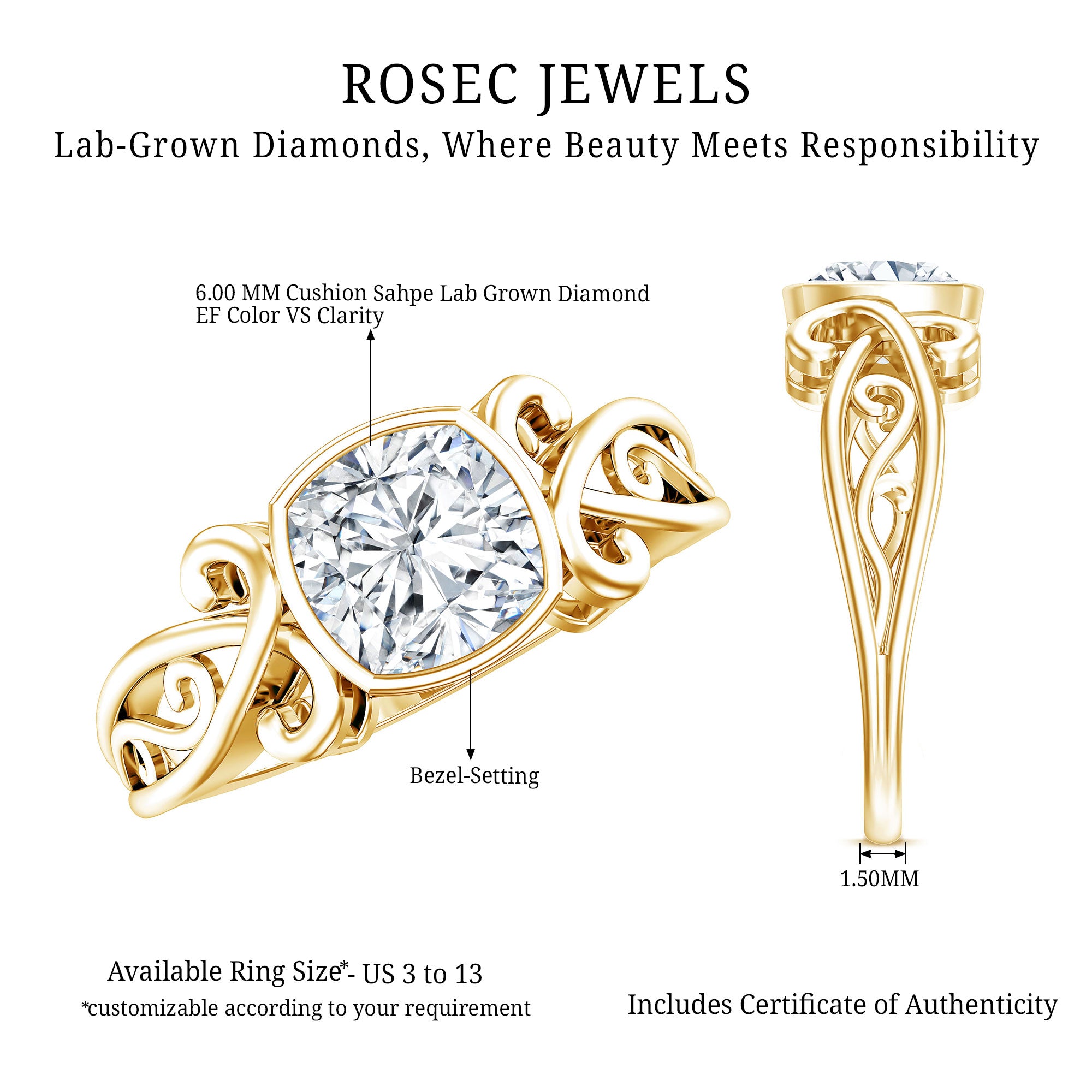 1 Carat Lab Grown Diamond Cushion Engagement Ring Lab - ( EF-VS ) - Rosec Jewels
