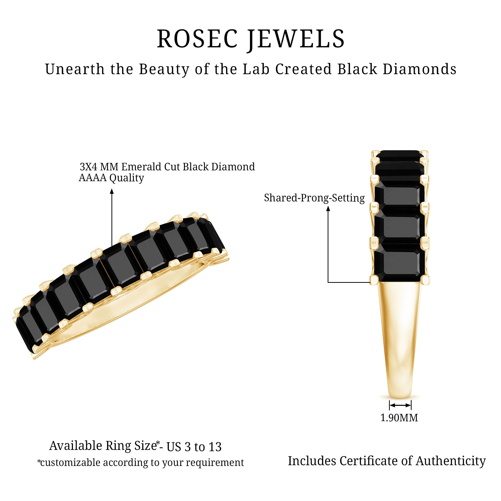 Emerald Cut Lab Created Black Diamond Half Eternity Band in Silver AAAA ( Synthetic ) 14K Yellow Gold Plated Silver - Rosec Jewels