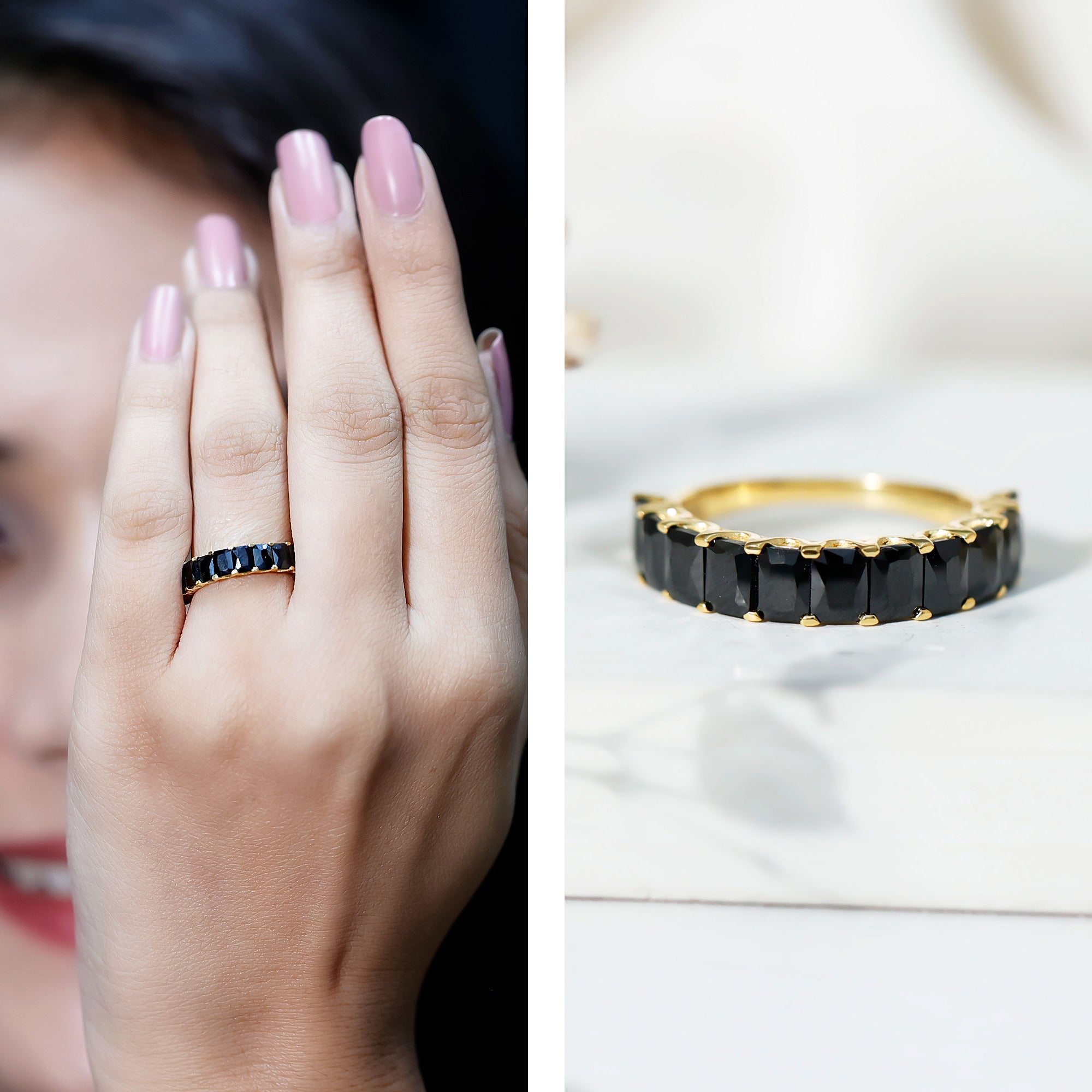 Emerald Cut Lab Created Black Diamond Half Eternity Band in Silver AAAA ( Synthetic ) 14K Yellow Gold Plated Silver - Rosec Jewels