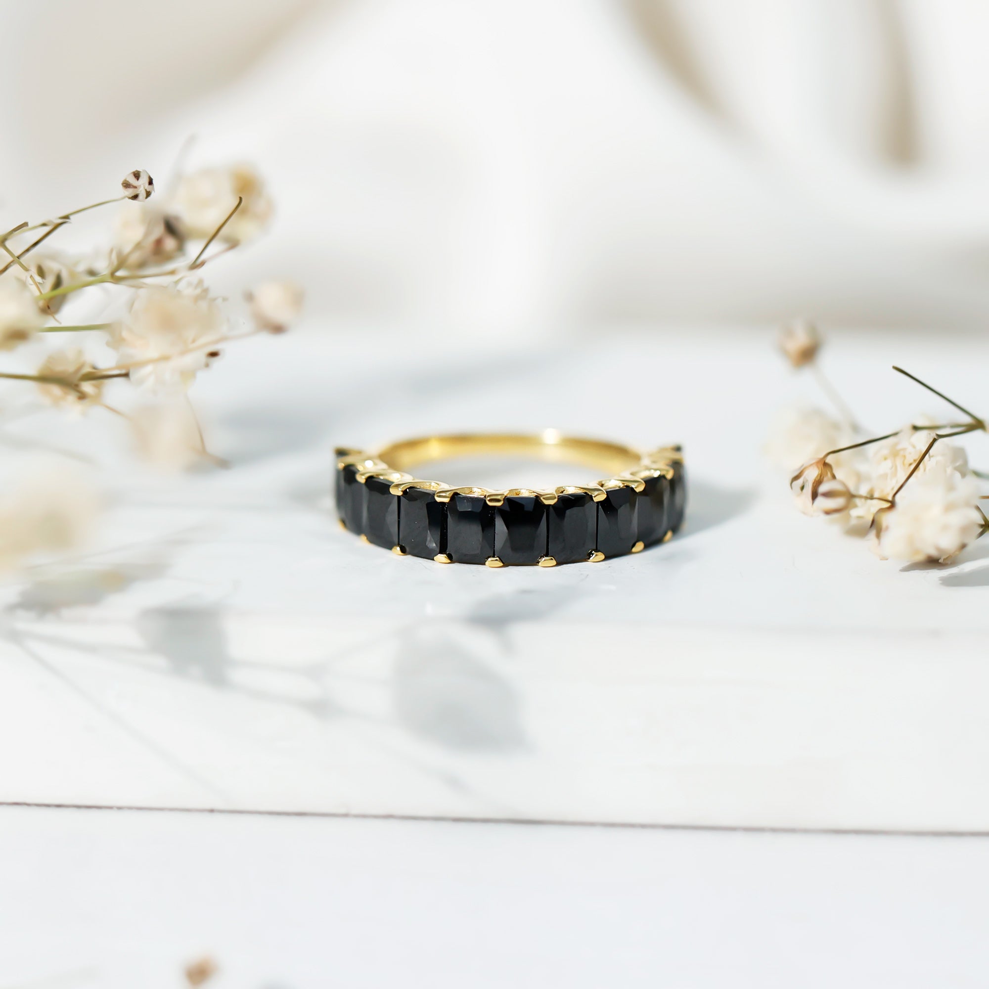 Emerald Cut Lab Created Black Diamond Half Eternity Band in Silver AAAA ( Synthetic ) 14K Yellow Gold Plated Silver - Rosec Jewels