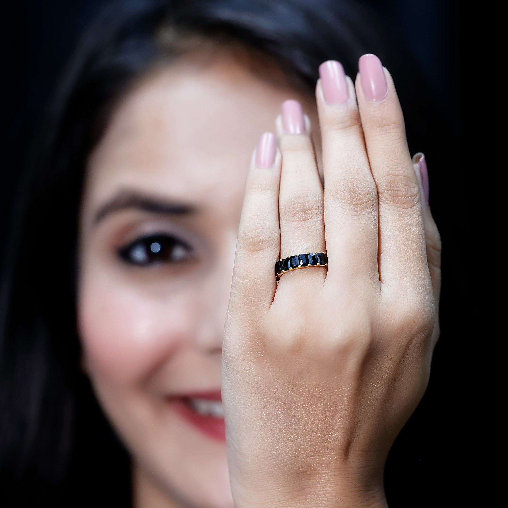 Emerald Cut Lab Created Black Diamond Half Eternity Band in Silver AAAA ( Synthetic ) 14K Yellow Gold Plated Silver - Rosec Jewels