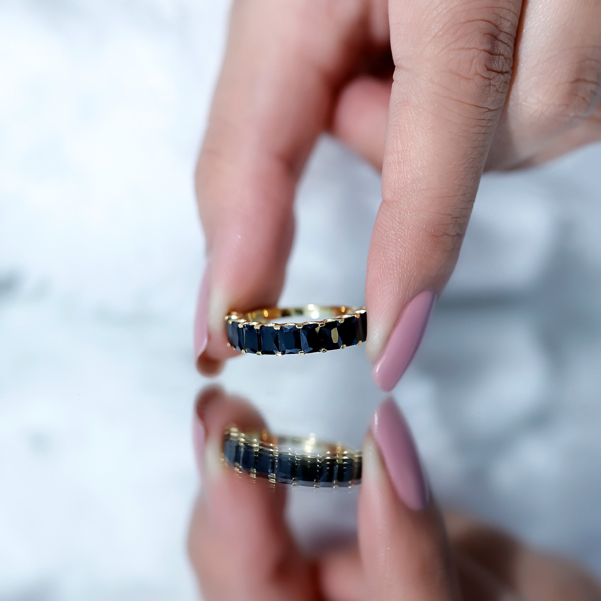 Emerald Cut Lab Created Black Diamond Half Eternity Band in Silver AAAA ( Synthetic ) 14K Yellow Gold Plated Silver - Rosec Jewels