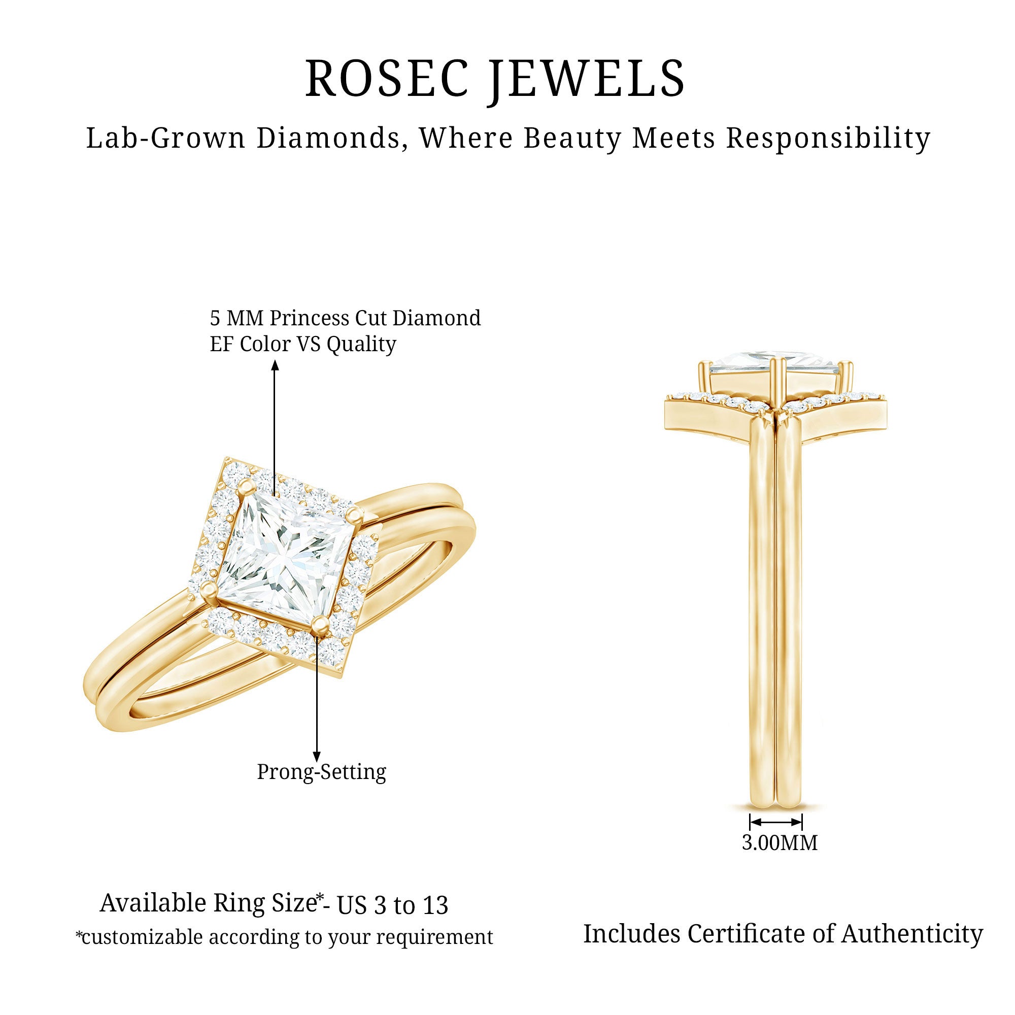 Rosec Jewels-Princess Cut Lab Grown Diamond Bridal Ring Set
