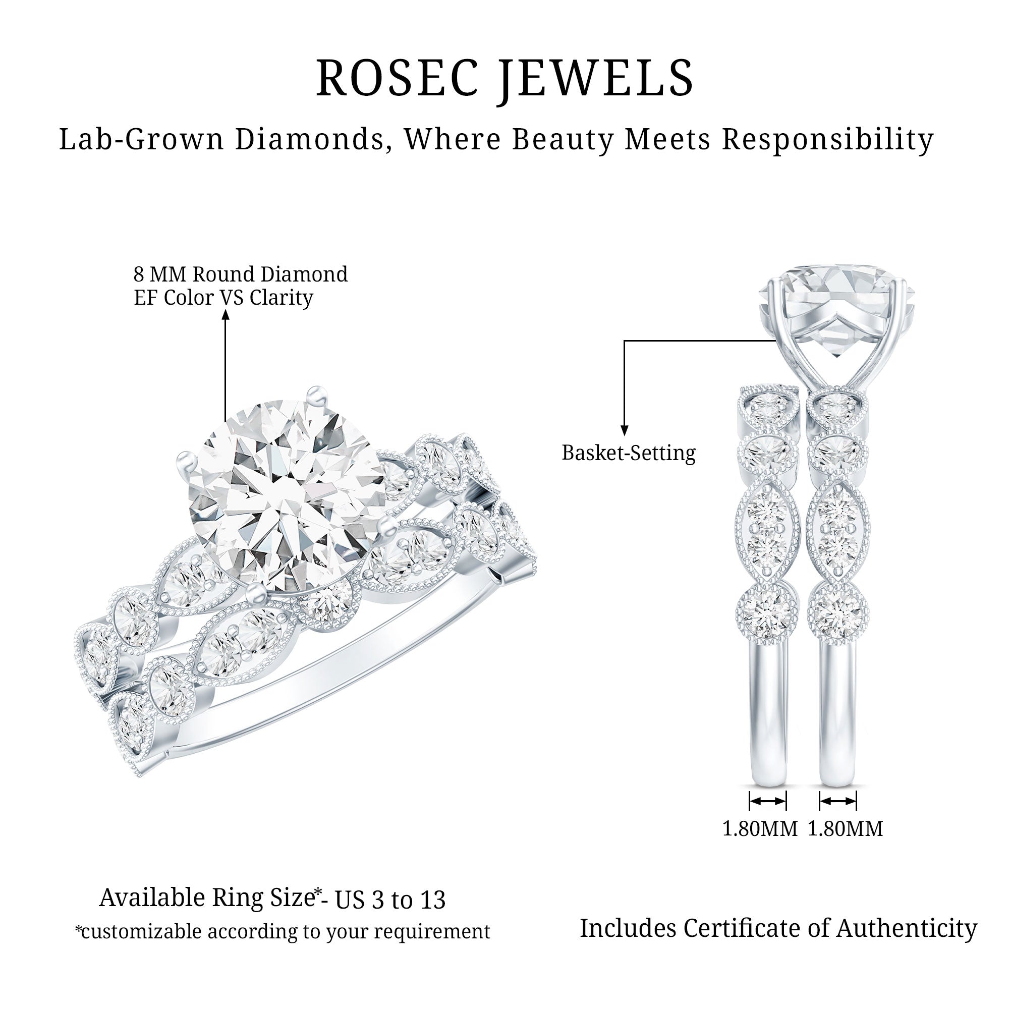 Diamond Designer Marriage Ring Set For Women Lab - ( EF-VS ) - Rosec Jewels