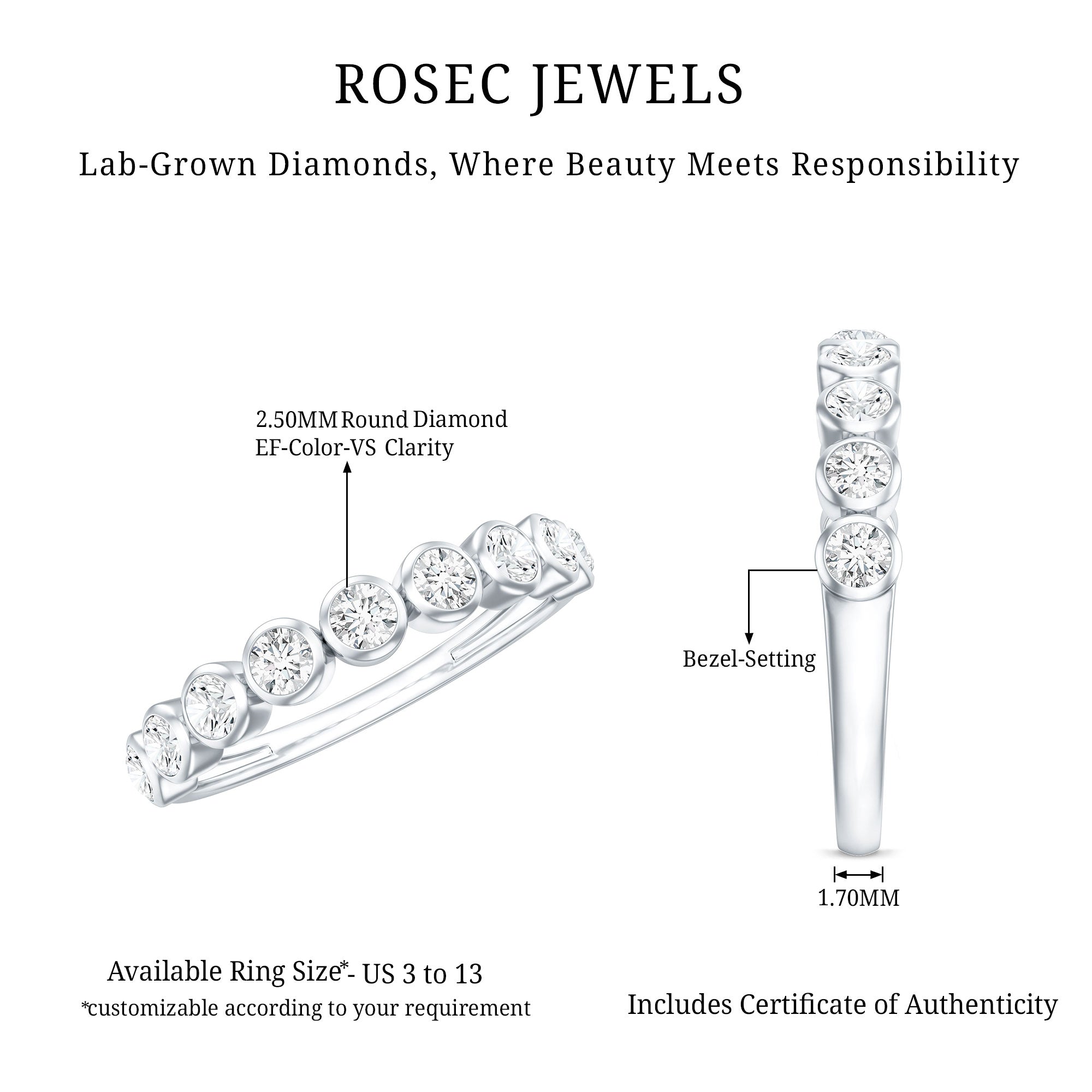 Bezel Set Lab Grown Diamond Half Eternity Ring Lab - ( EF-VS ) - Rosec Jewels