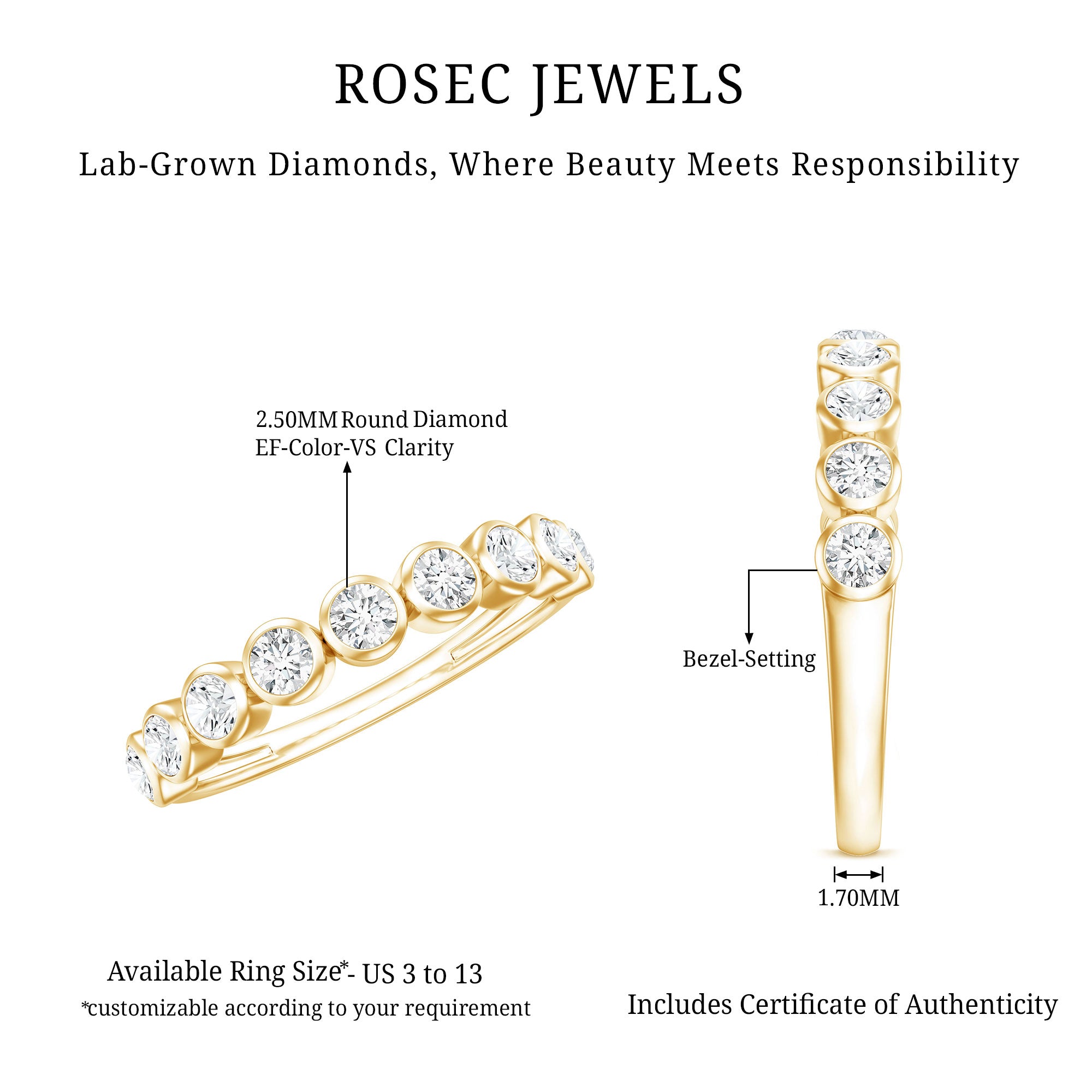 Bezel Set Lab Grown Diamond Half Eternity Ring Lab - ( EF-VS ) - Rosec Jewels