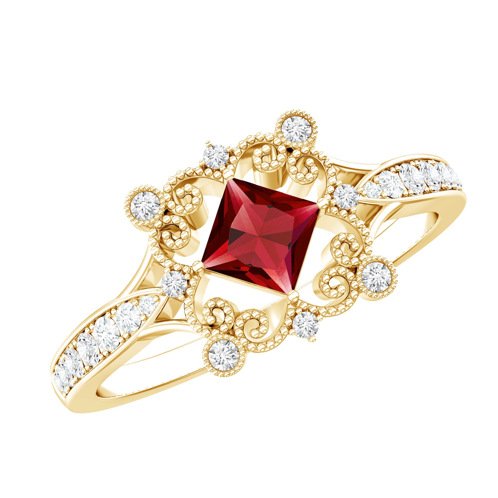 Certified Lab Grown Ruby Diamond Retro Engagement Ring AAAA 14K Yellow Gold Plated Silver - Rosec Jewels