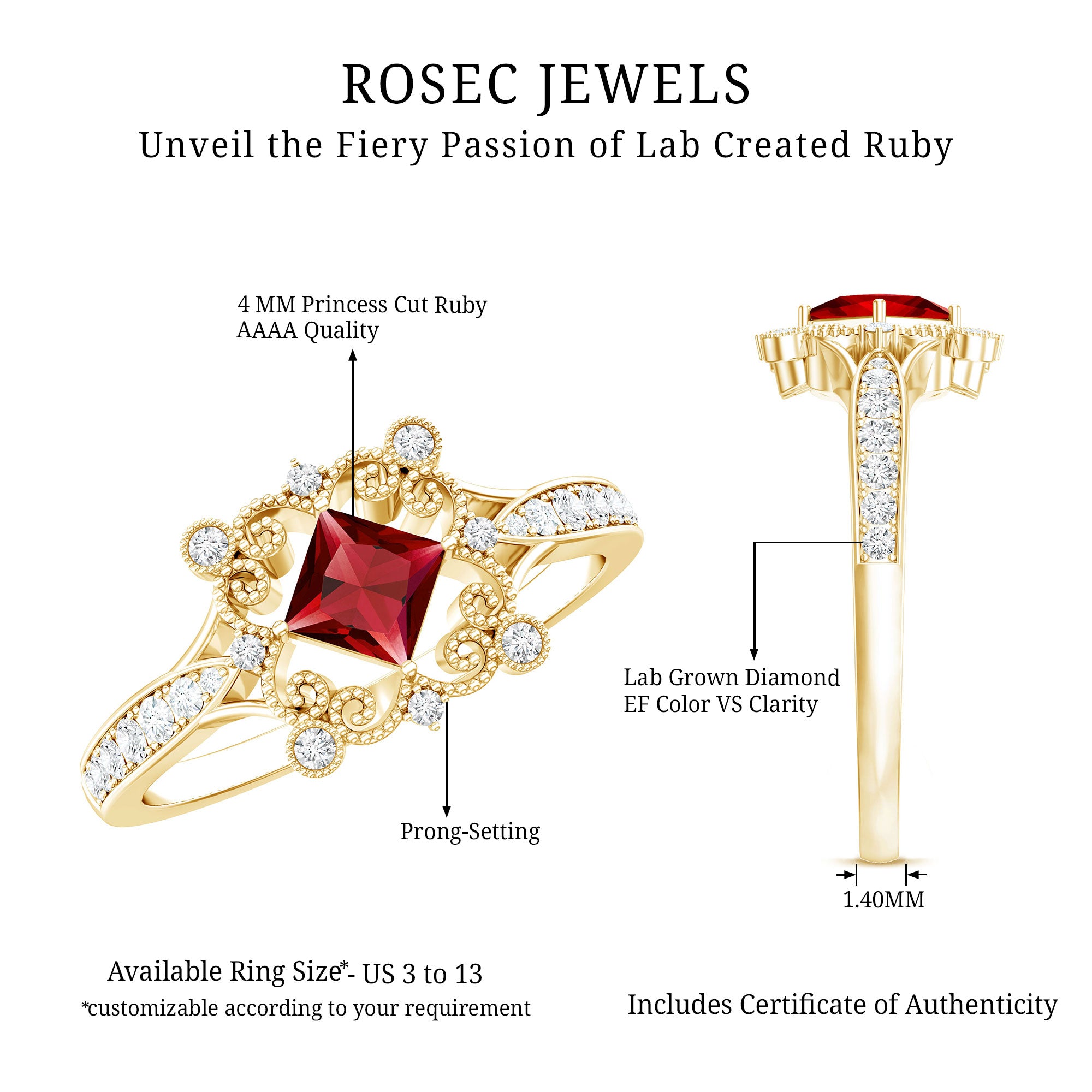 Certified Lab Grown Ruby Diamond Retro Engagement Ring AAAA 14K Yellow Gold Plated Silver - Rosec Jewels