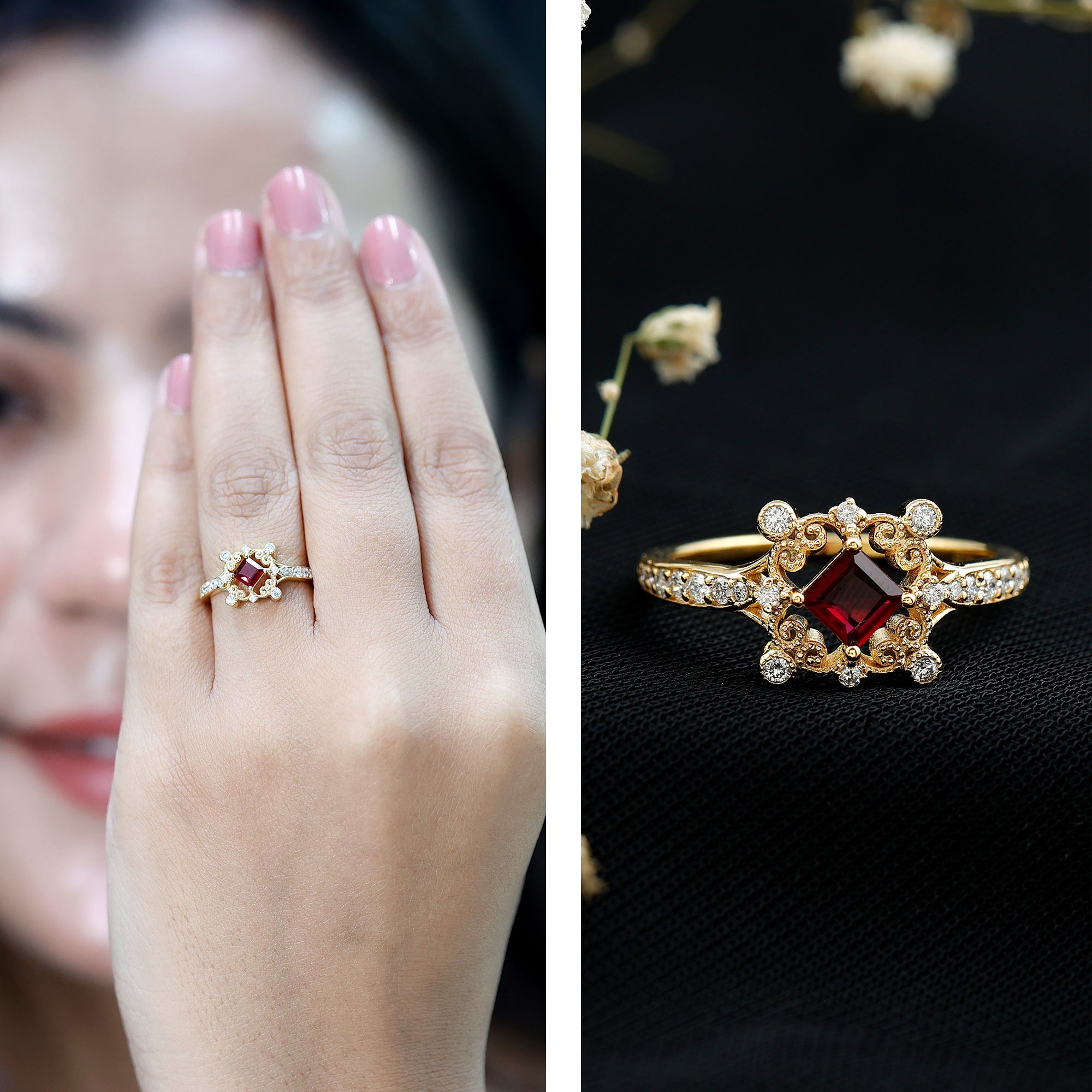Certified Lab Grown Ruby Diamond Retro Engagement Ring AAAA 14K Yellow Gold Plated Silver - Rosec Jewels