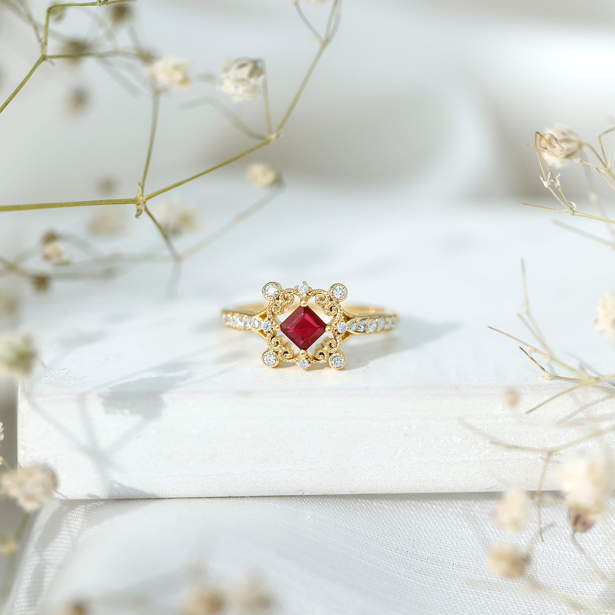 Certified Lab Grown Ruby Diamond Retro Engagement Ring AAAA 14K Yellow Gold Plated Silver - Rosec Jewels