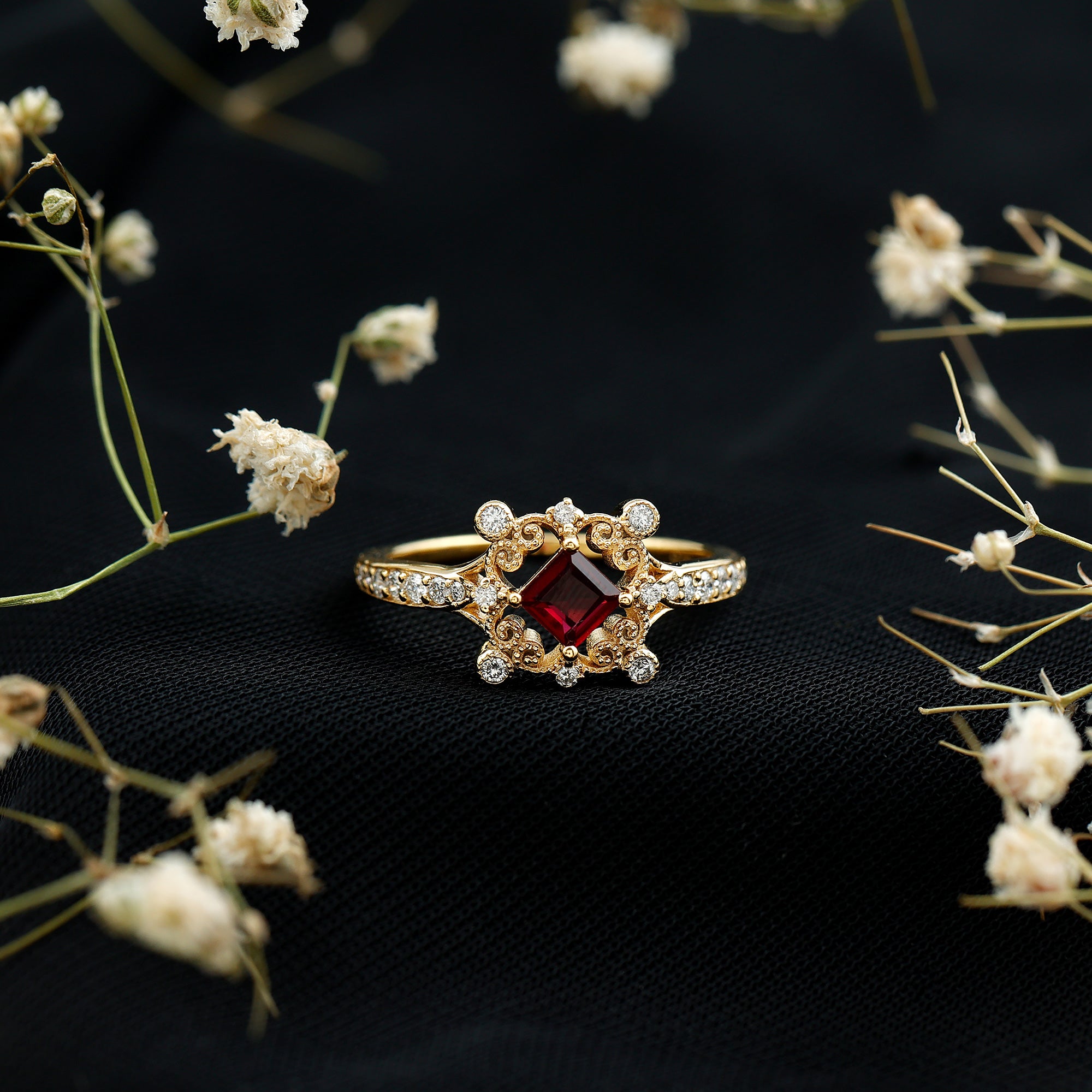 Certified Lab Grown Ruby Diamond Retro Engagement Ring AAAA 14K Yellow Gold Plated Silver - Rosec Jewels