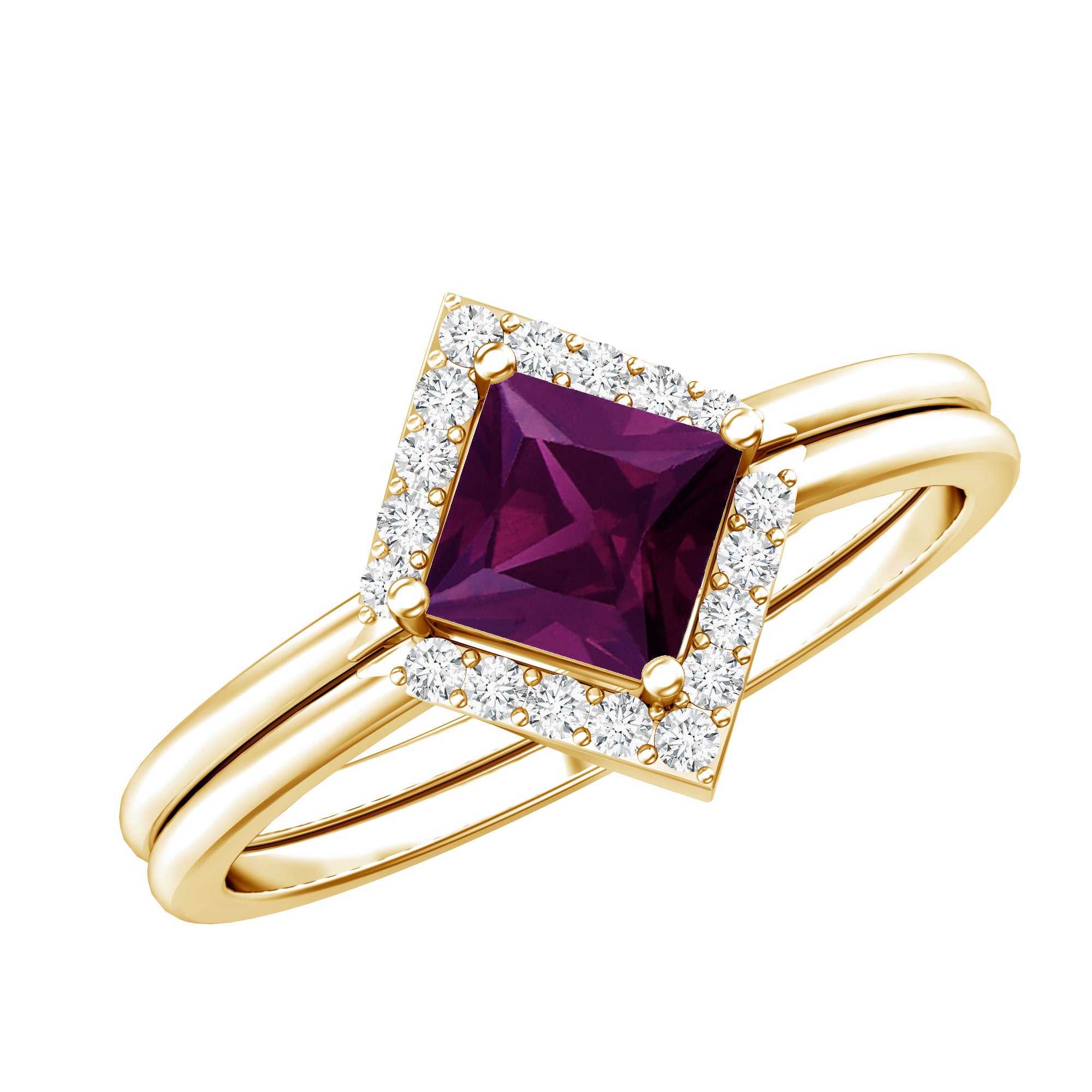 Rhodolite Garnet Princess Cut Engagement Ring with Diamond Enhancer AAA 14K Yellow Gold Plated Silver - Rosec Jewels