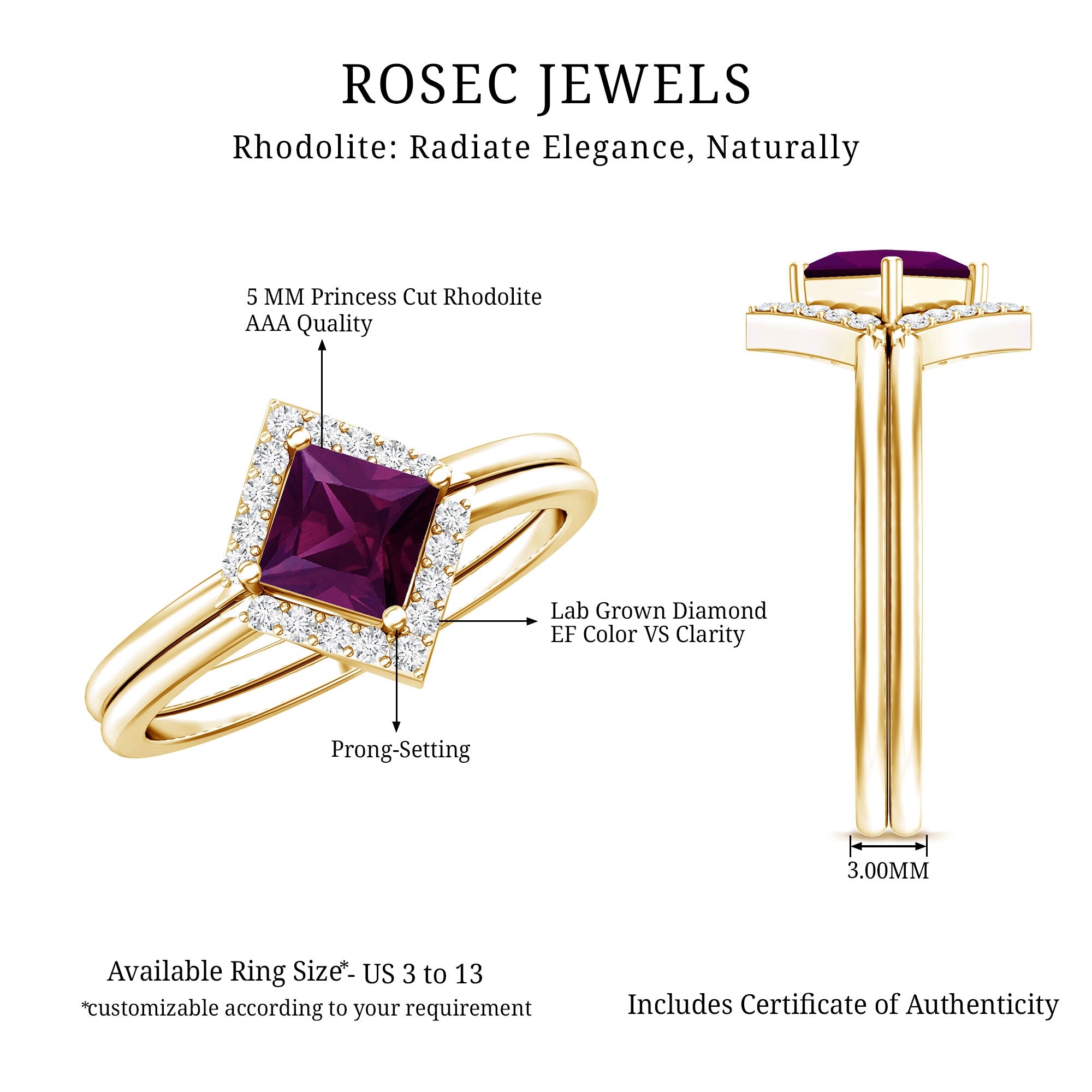 Rhodolite Garnet Princess Cut Engagement Ring with Diamond Enhancer AAA 14K Yellow Gold Plated Silver - Rosec Jewels