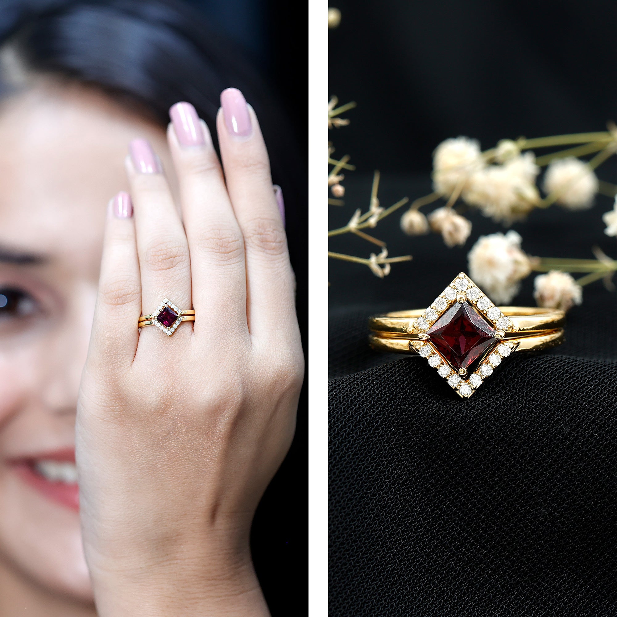 Rhodolite Garnet Princess Cut Engagement Ring with Diamond Enhancer AAA 14K Yellow Gold Plated Silver - Rosec Jewels